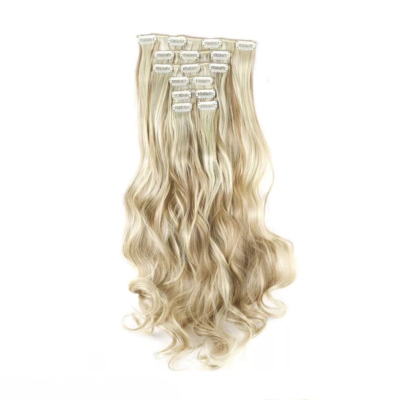 Extensiones De Cabello Sintético Set de 7 piezas con clips ONDULADA 7-16H613 RUBIO CLARO CENIZO RAYOS BEIGE