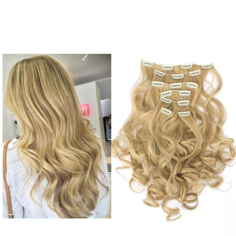 Extensiones De Cabello Sintético Set de 7 piezas con clips ONDULADA 7-27/613 RUBIO CLARO