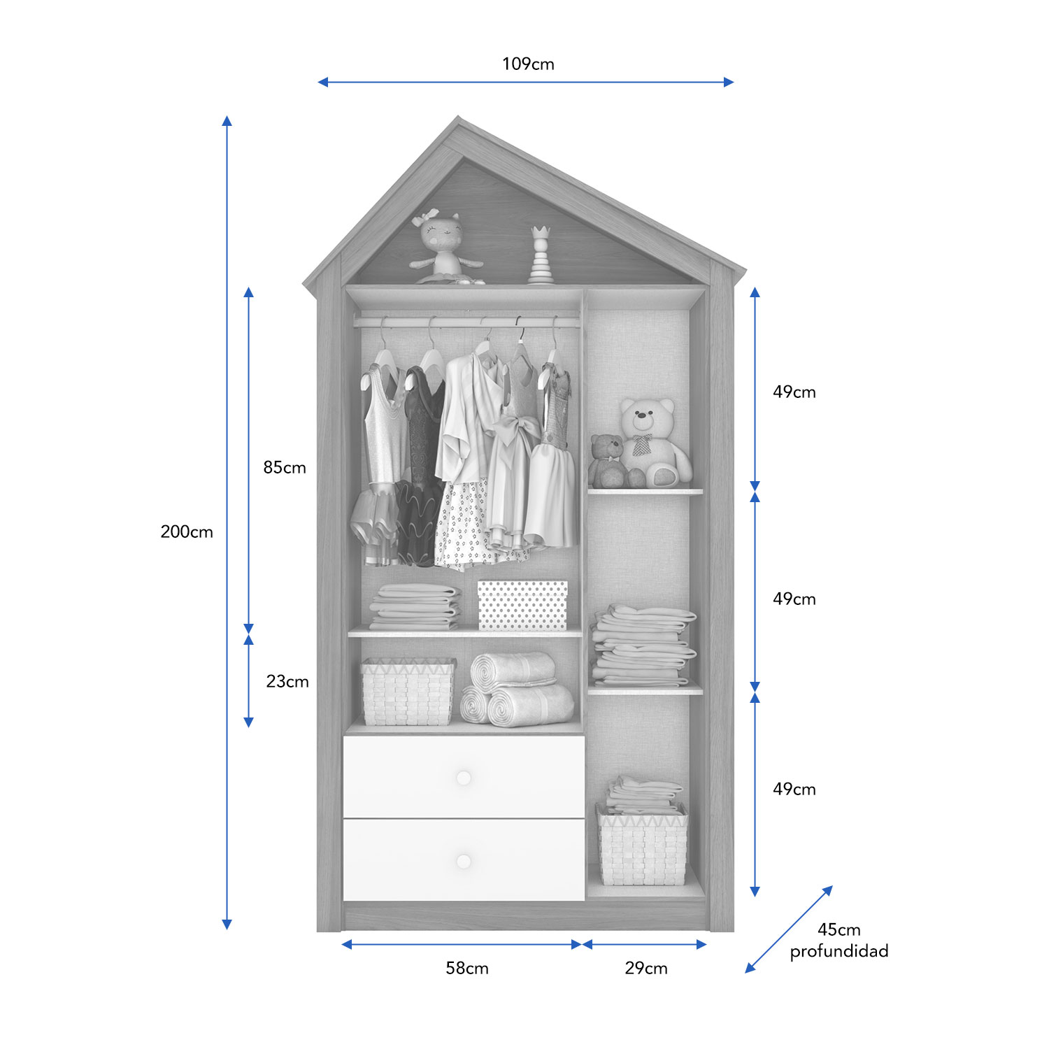 Ropero Armario Infantil para Bebé o Niño Bossa Casita Rústico/Blanco.