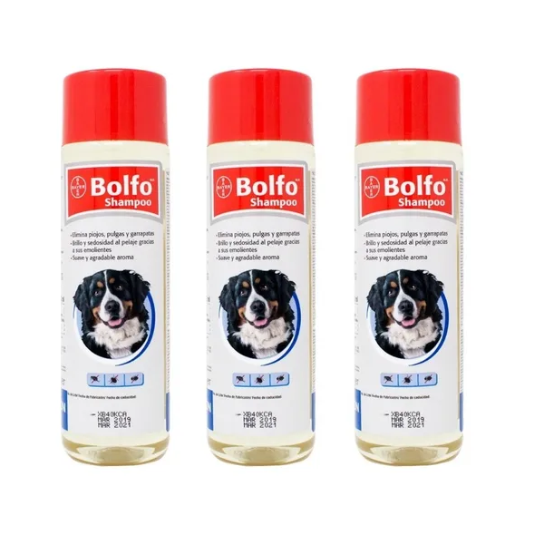Pack 3 Bolfo Shampoo Bayer 350ml Antipulgas, Piojos Garrapat