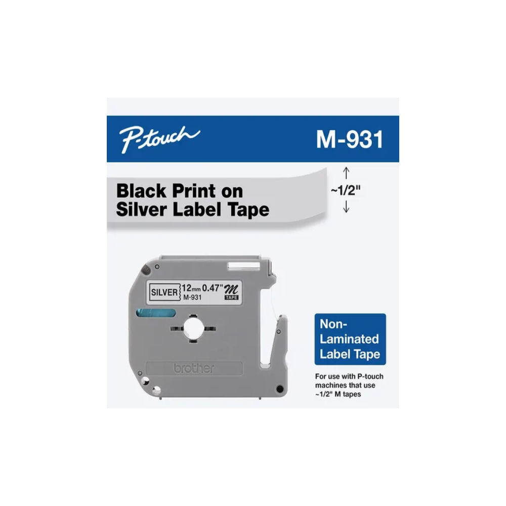 Cinta Brother M931 Negro Sobre Plata 12mm X 8m