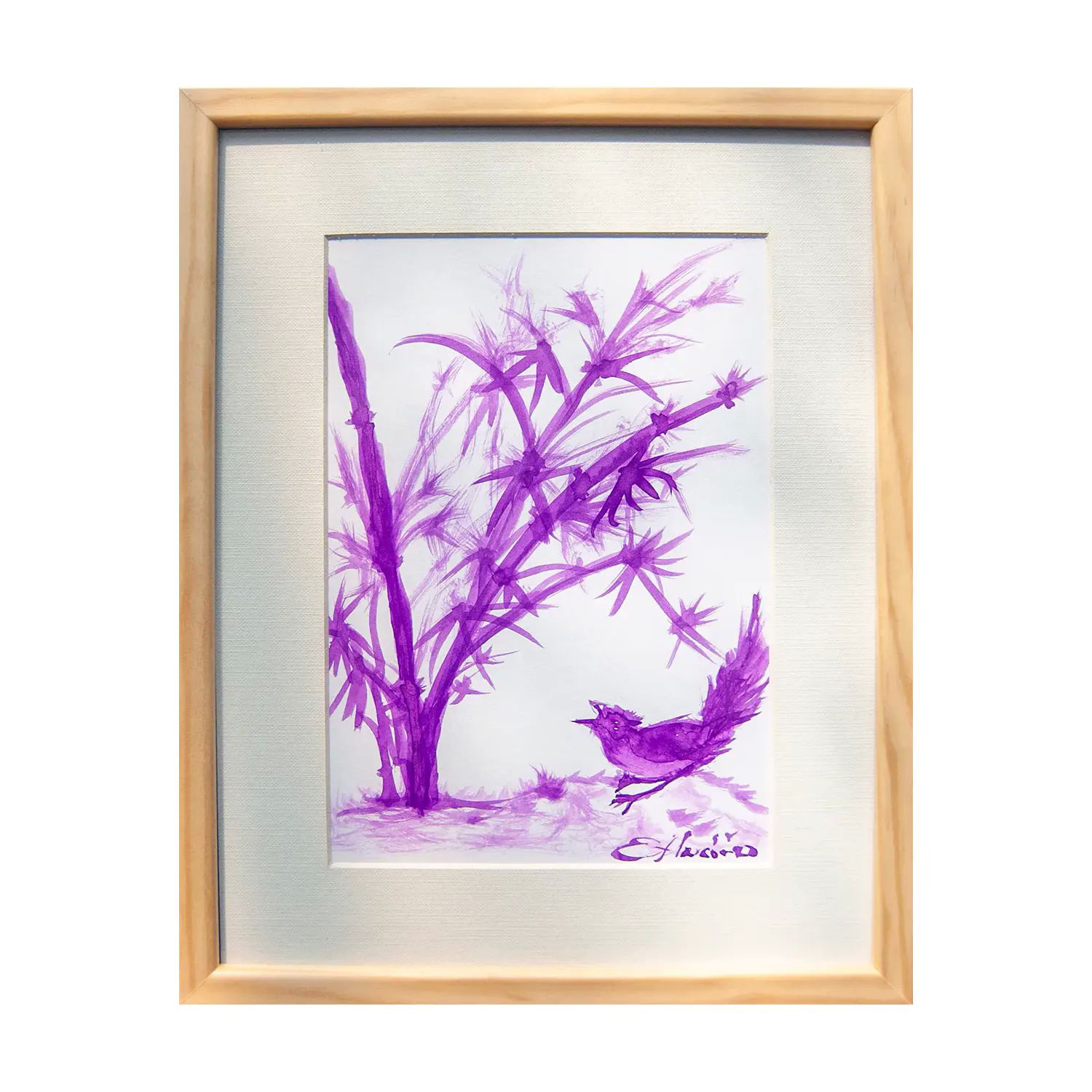 Pintura original - Tinta china morada - Bambú con Ave - 16 x 25 cm - Cuadro decorativo