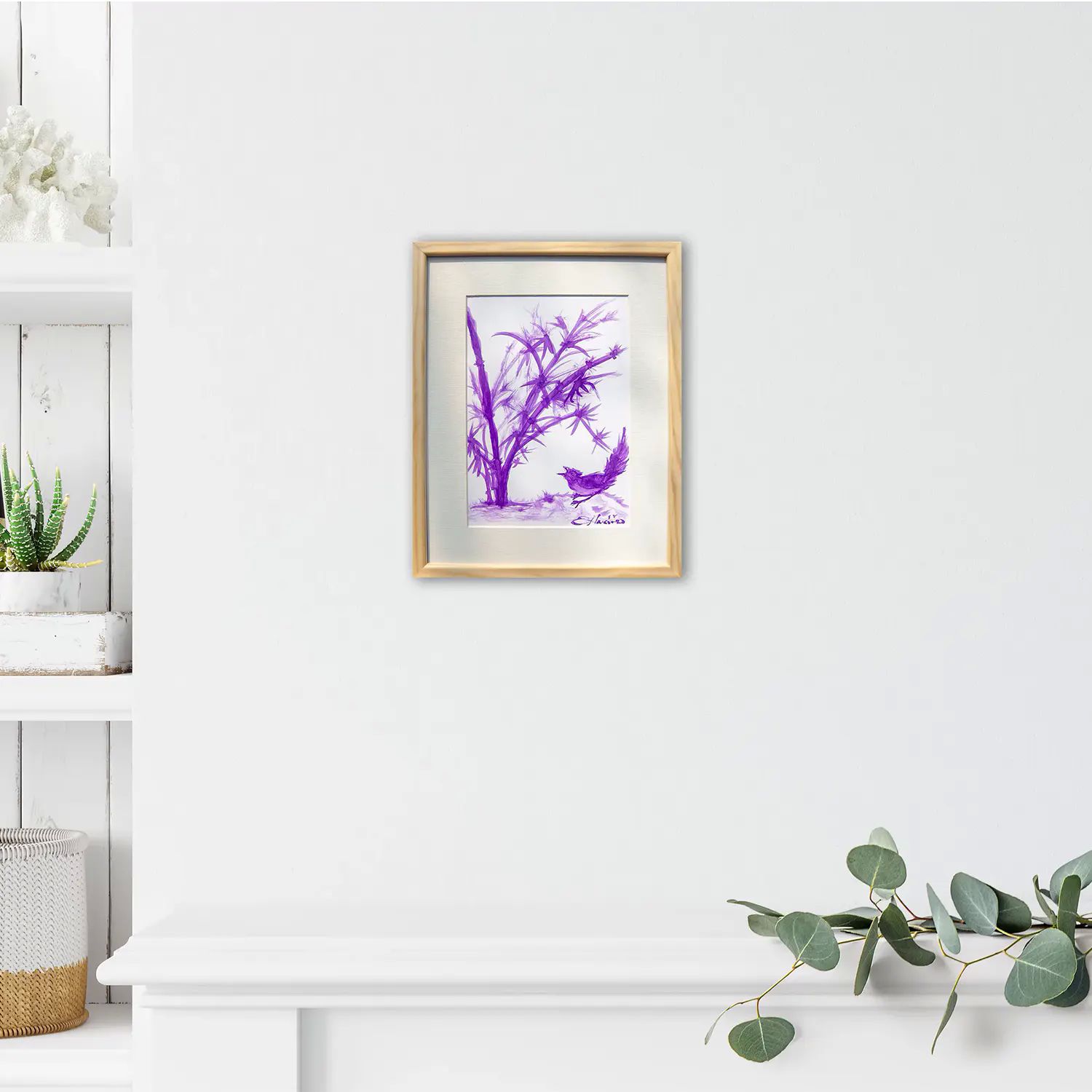 Pintura original - Tinta china morada - Bambú con Ave - 16 x 25 cm - Cuadro decorativo