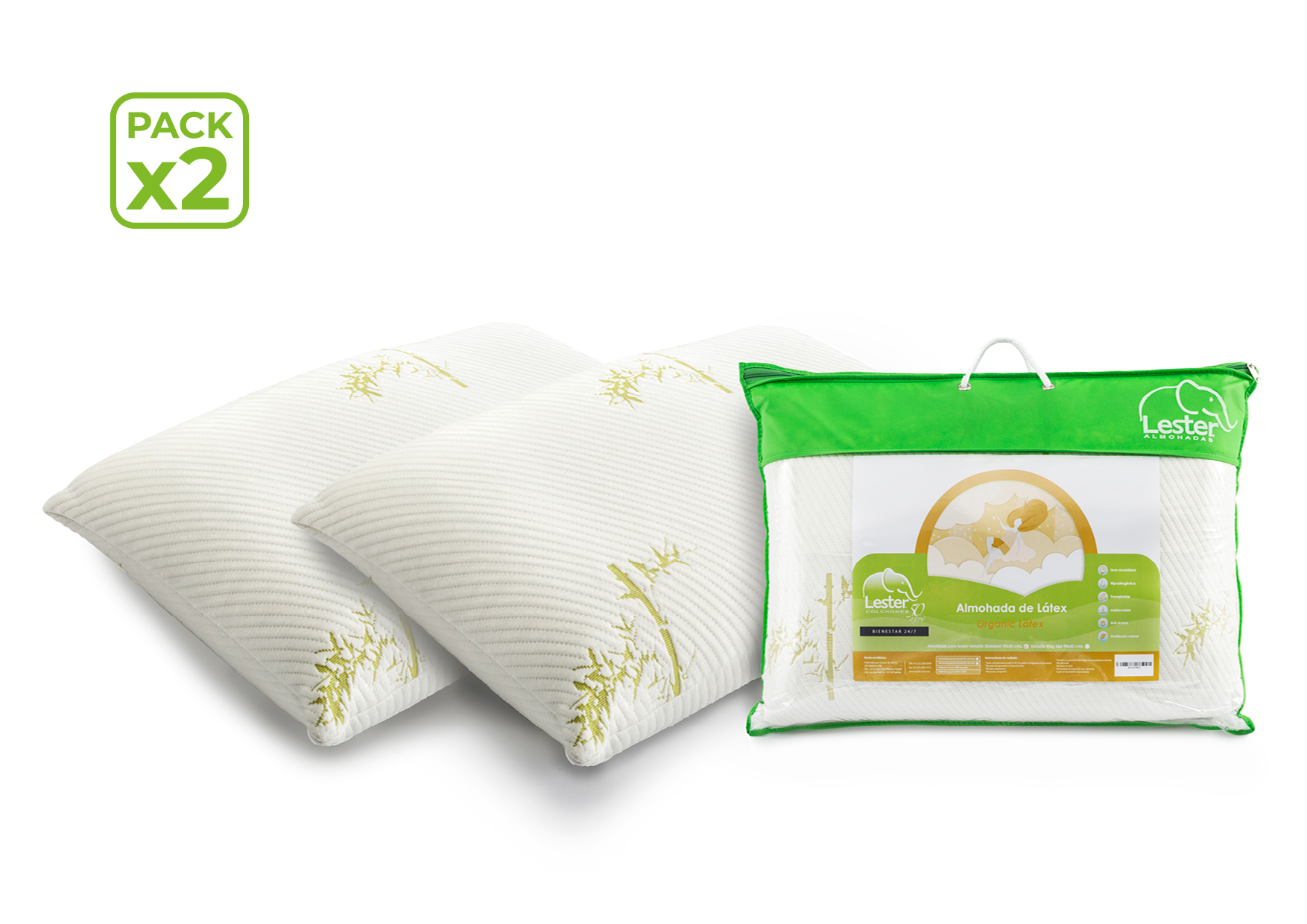 Almohadas Estándar (2 unidades) de Látex Natural con Funda de Bambú Lavable - 100% Antiácaros & Antibacterias - Firmeza Media/Firme - Ideal para dormir de lado - 70*50*12cm Lester Organic Látex 