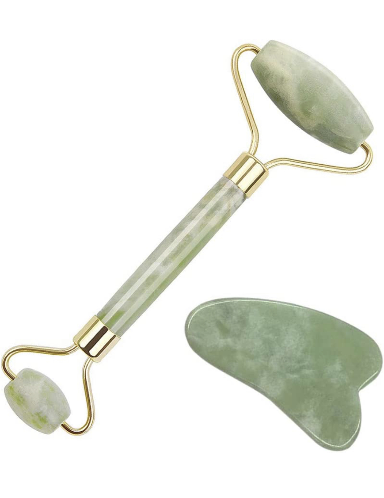 Jade, rodillo de jade natural y juego de gua sha, rodillo de piedra facial jade para arrugas, rodillo de jade auténtico con 2 piezas de herramientas de masaje para raspar de cara, cuello, mejillas, masaje de pie
