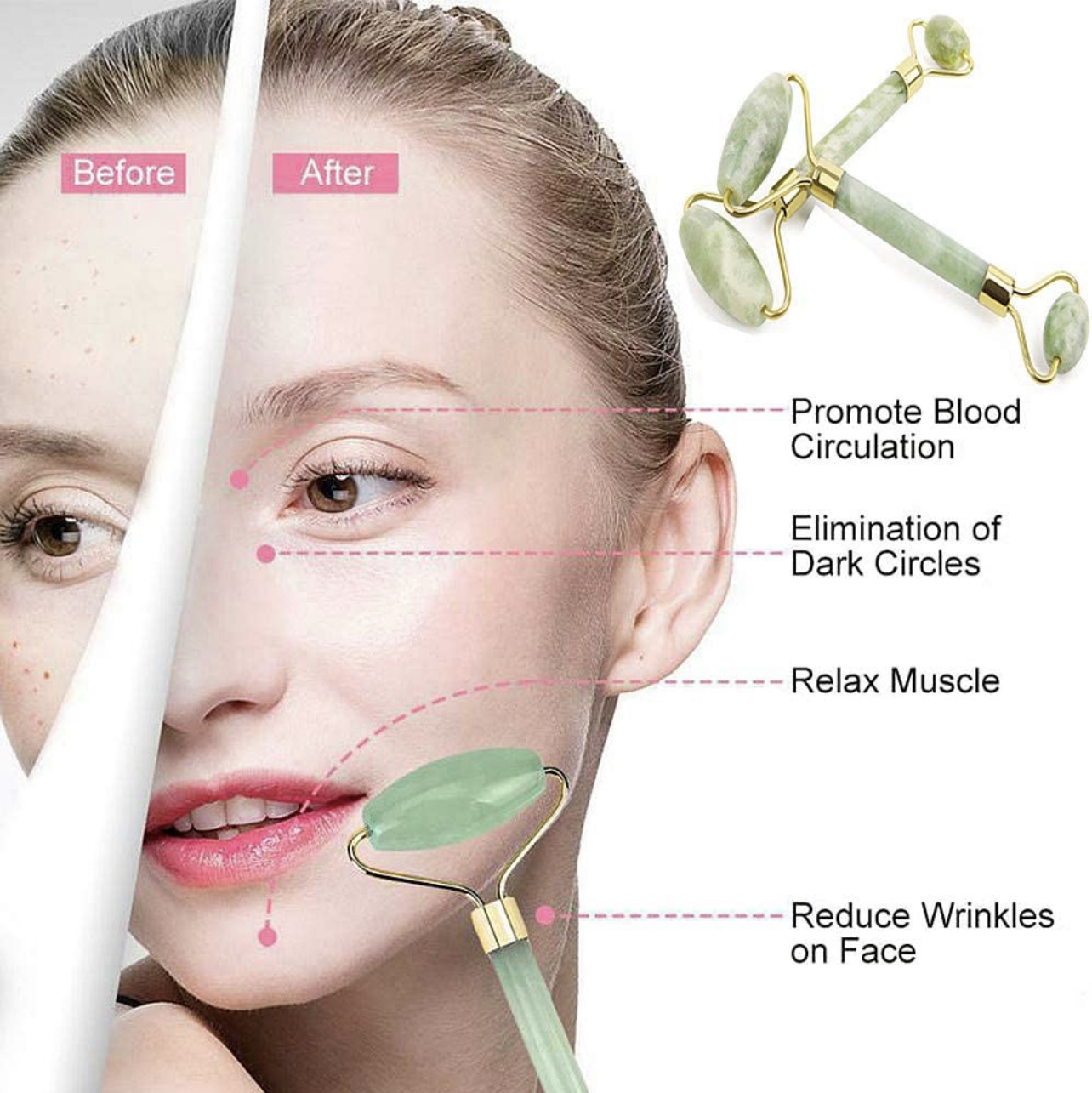 Jade, rodillo de jade natural y juego de gua sha, rodillo de piedra facial jade para arrugas, rodillo de jade auténtico con 2 piezas de herramientas de masaje para raspar de cara, cuello, mejillas, masaje de pie