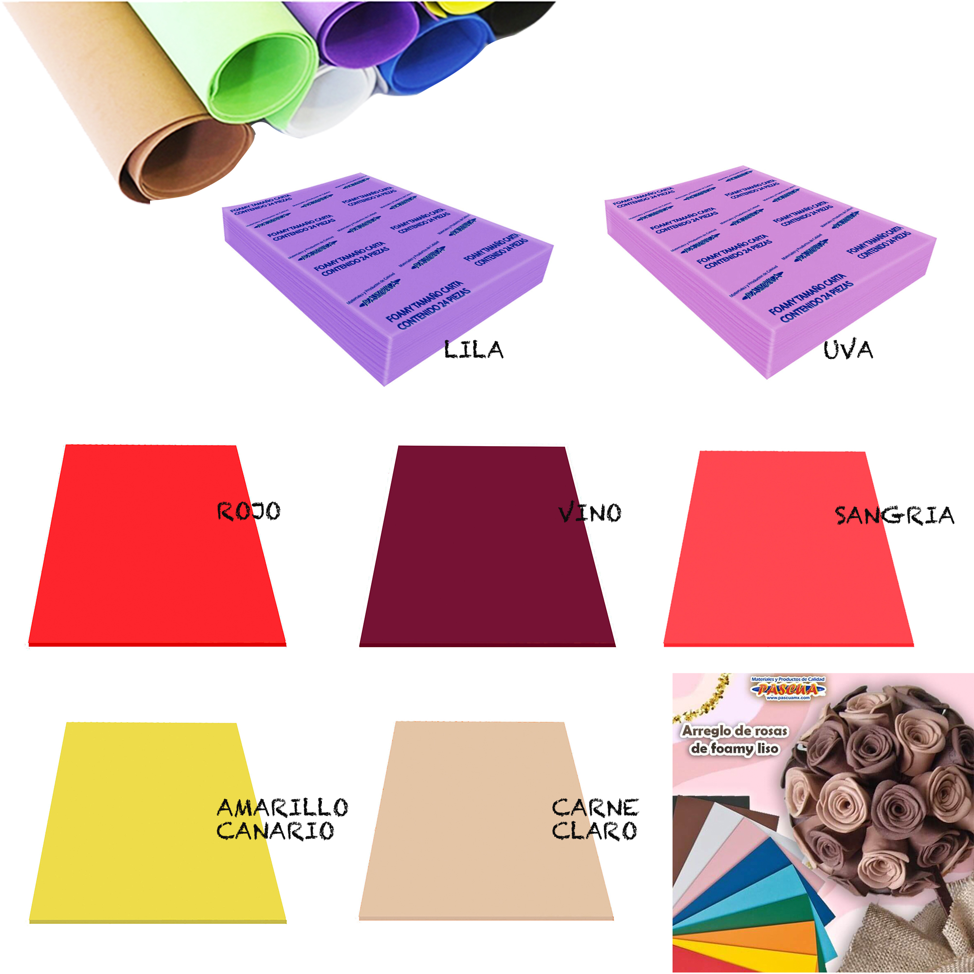 24 Pliegos lamina Foamy liso, fomi liso, goma eva para decoracion, manualidad tamaño carta