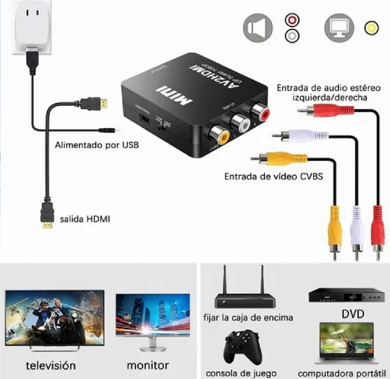 Convertidor HDMI a AV HDMI a RCA CVBS L/R adaptador de vídeo 1080P  interruptor HDMI con Cable de alimentación Mini USB para TV Box AV HDMI