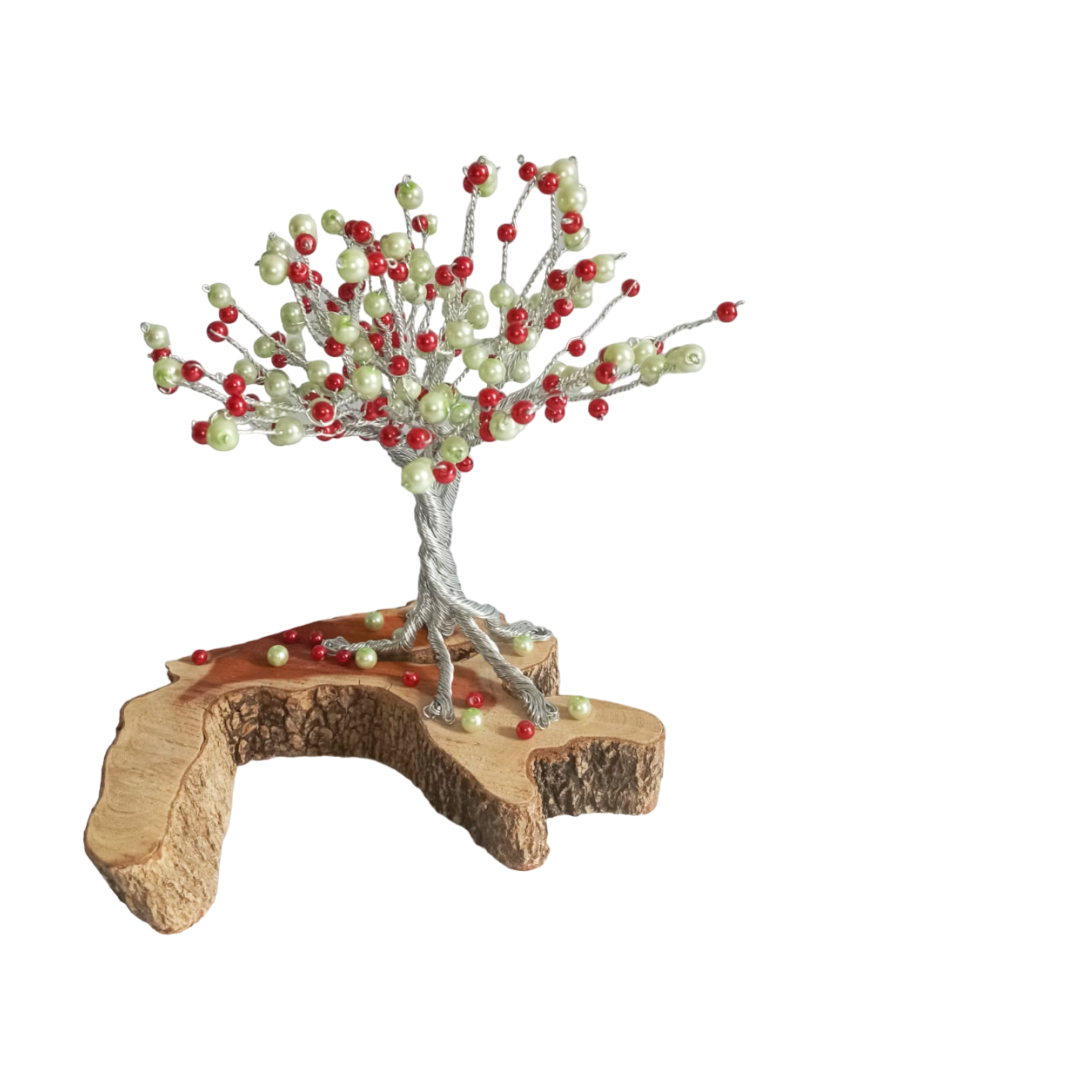 Árbol Colorido De Alambre de Aluminio con Cuentas Verdes y Rojas, Sobre Base de Tronco de Madera Natural + Vela Blanca de Soja