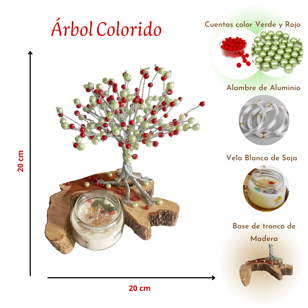 Árbol Colorido De Alambre de Aluminio con Cuentas Verdes y Rojas, Sobre Base de Tronco de Madera Natural + Vela Blanca de Soja