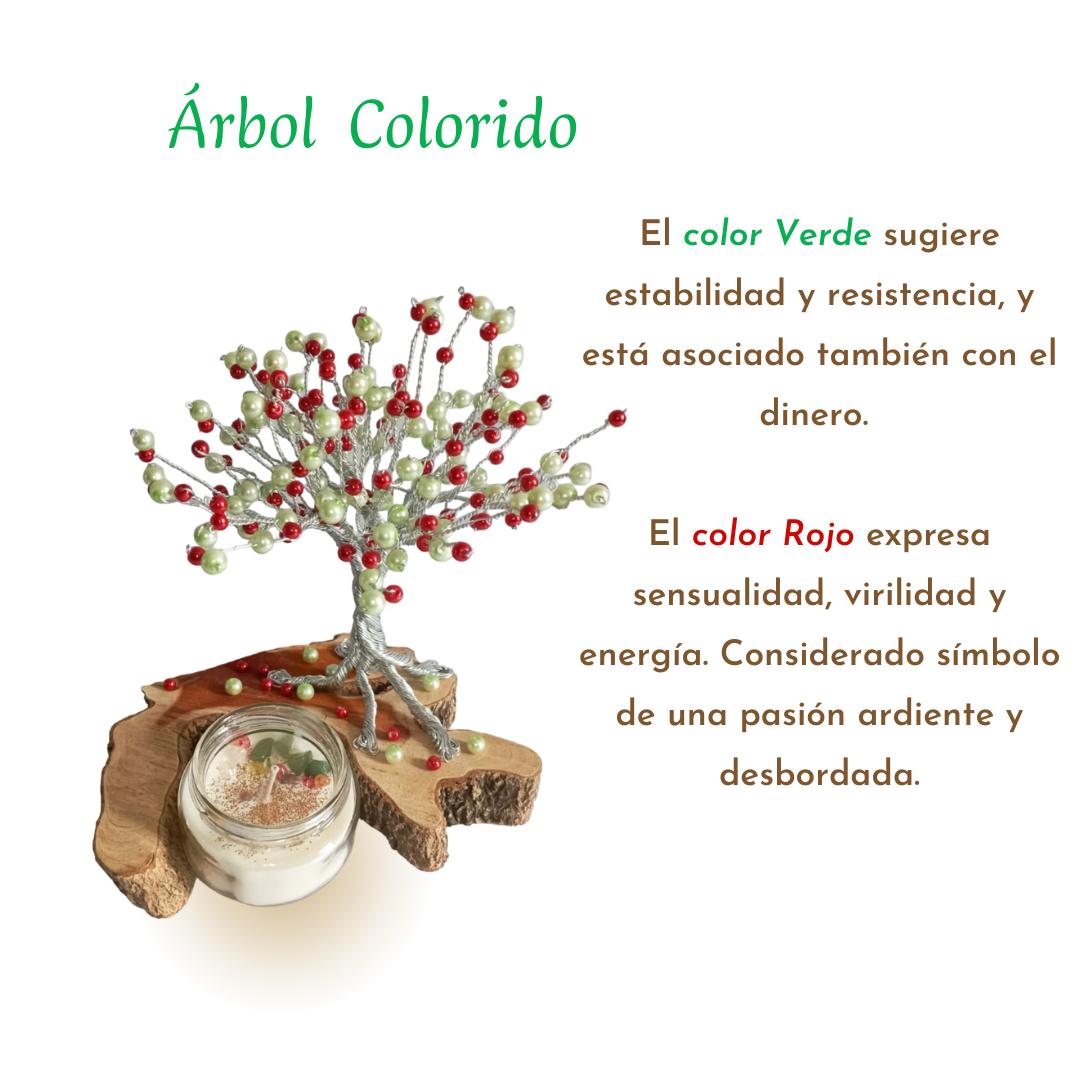 Árbol Colorido De Alambre de Aluminio con Cuentas Verdes y Rojas, Sobre Base de Tronco de Madera Natural + Vela Blanca de Soja