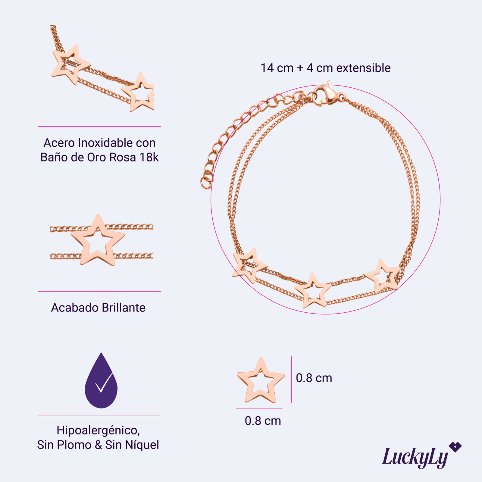 LuckyLy Pulseras Mujer con Dijes de Estrella , Acero Inoxidable con Baño de Oro Rosa 18k - Modelo Sima