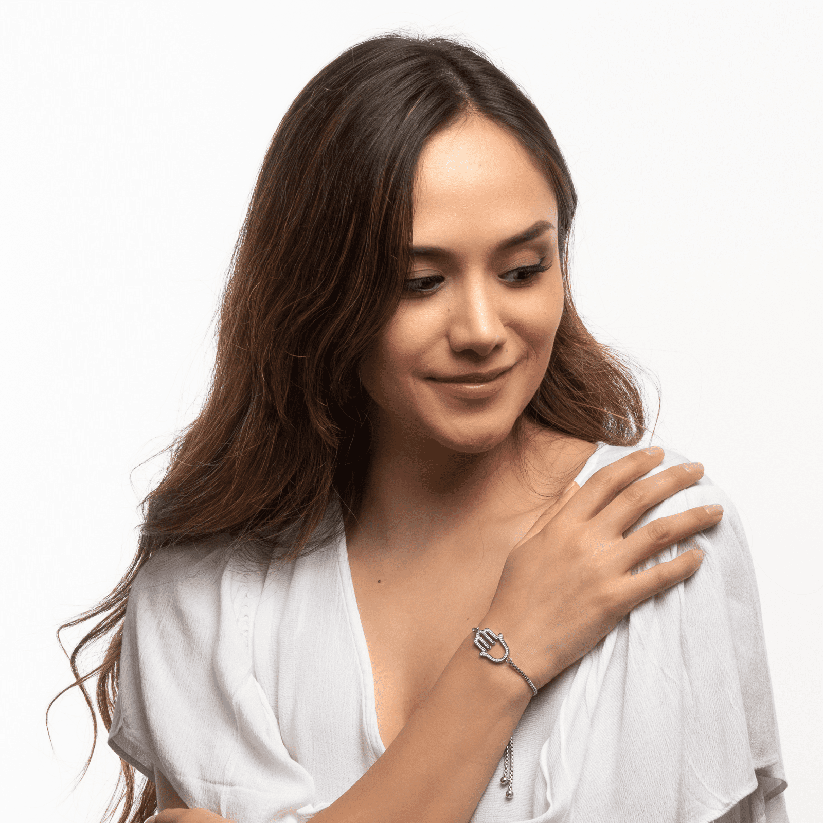 LuckyLy Pulseras Mujer con Mano de Fátima , Cadena con Dije, Acero Inoxidable Color Plata y Zirconia Cúbica - Modelo Hamsa