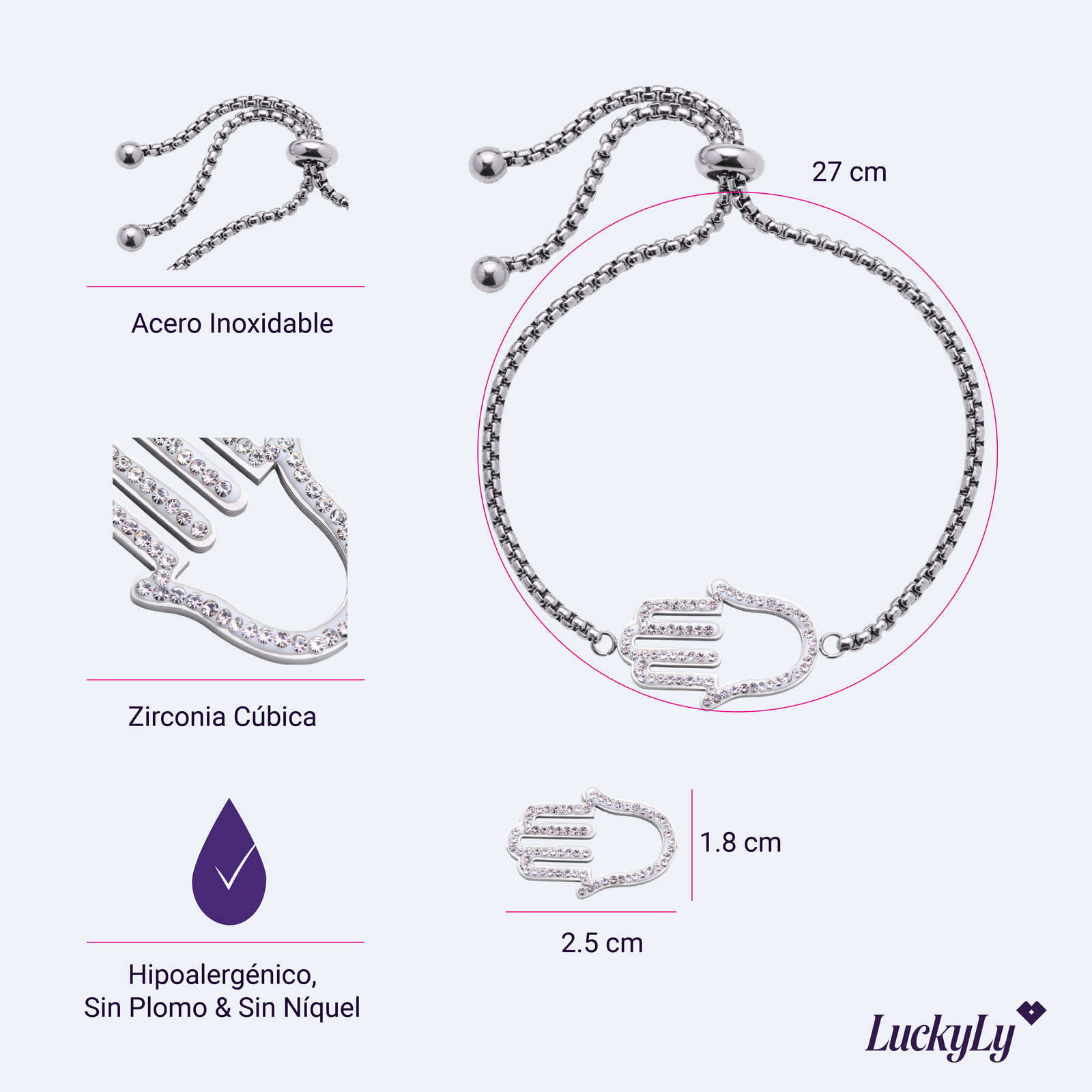 LuckyLy Pulseras Mujer con Mano de Fátima , Cadena con Dije, Acero Inoxidable Color Plata y Zirconia Cúbica - Modelo Hamsa