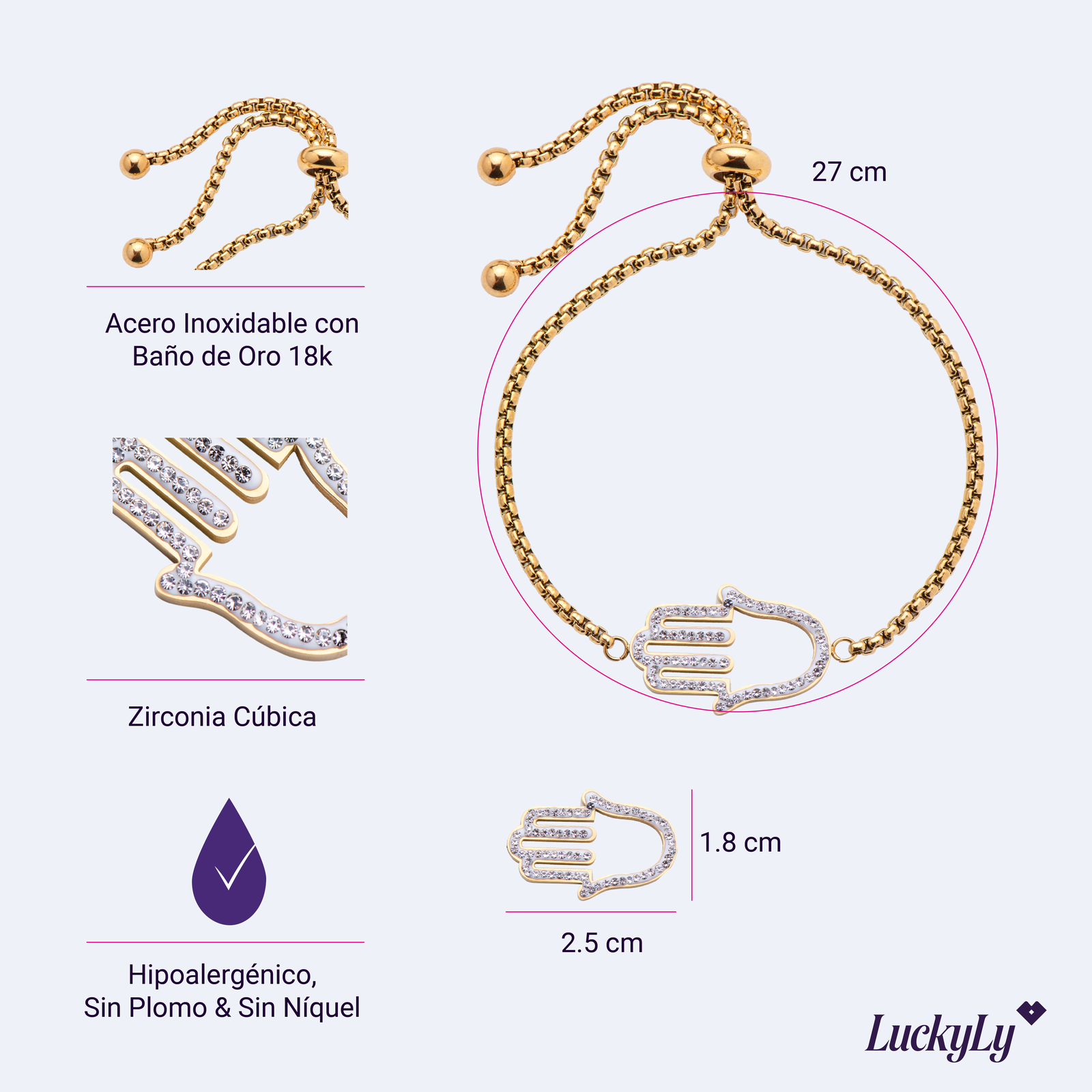 LuckyLy Pulseras Mujer con Mano de Fátima , Cadena con Dije, Acero Inoxidable con Baño de Oro 18k y Zirconia Cúbica - Modelo Hamsa