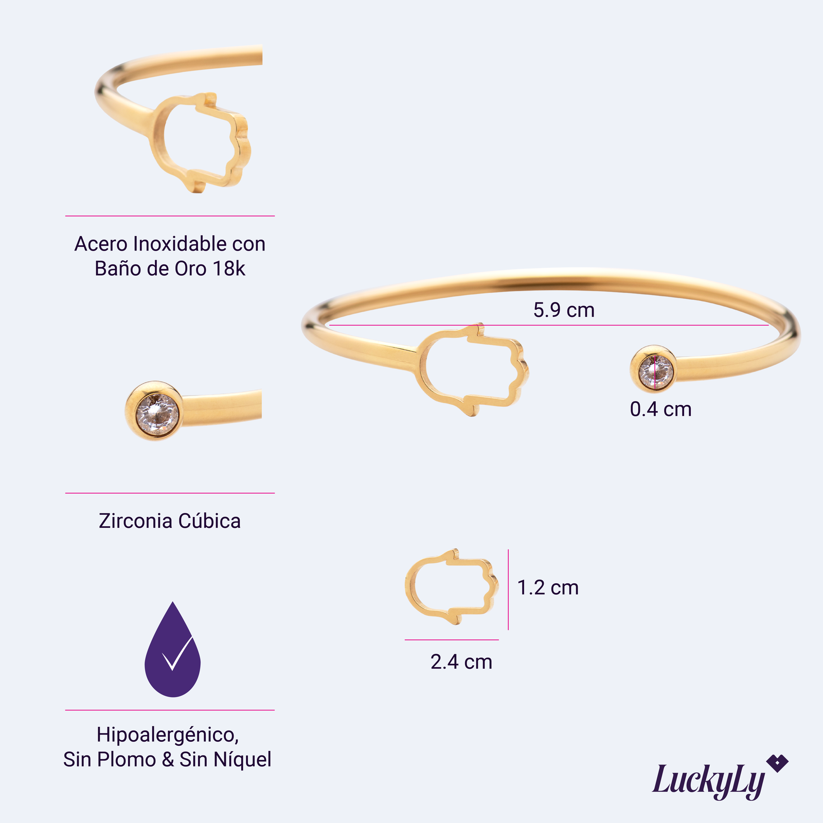 LuckyLy Pulseras Mujer de Mano de Fátima con Zirconia Cúbica , Brazalete de Acero Inoxidable con Baño de Oro 18k- Modelo Kali