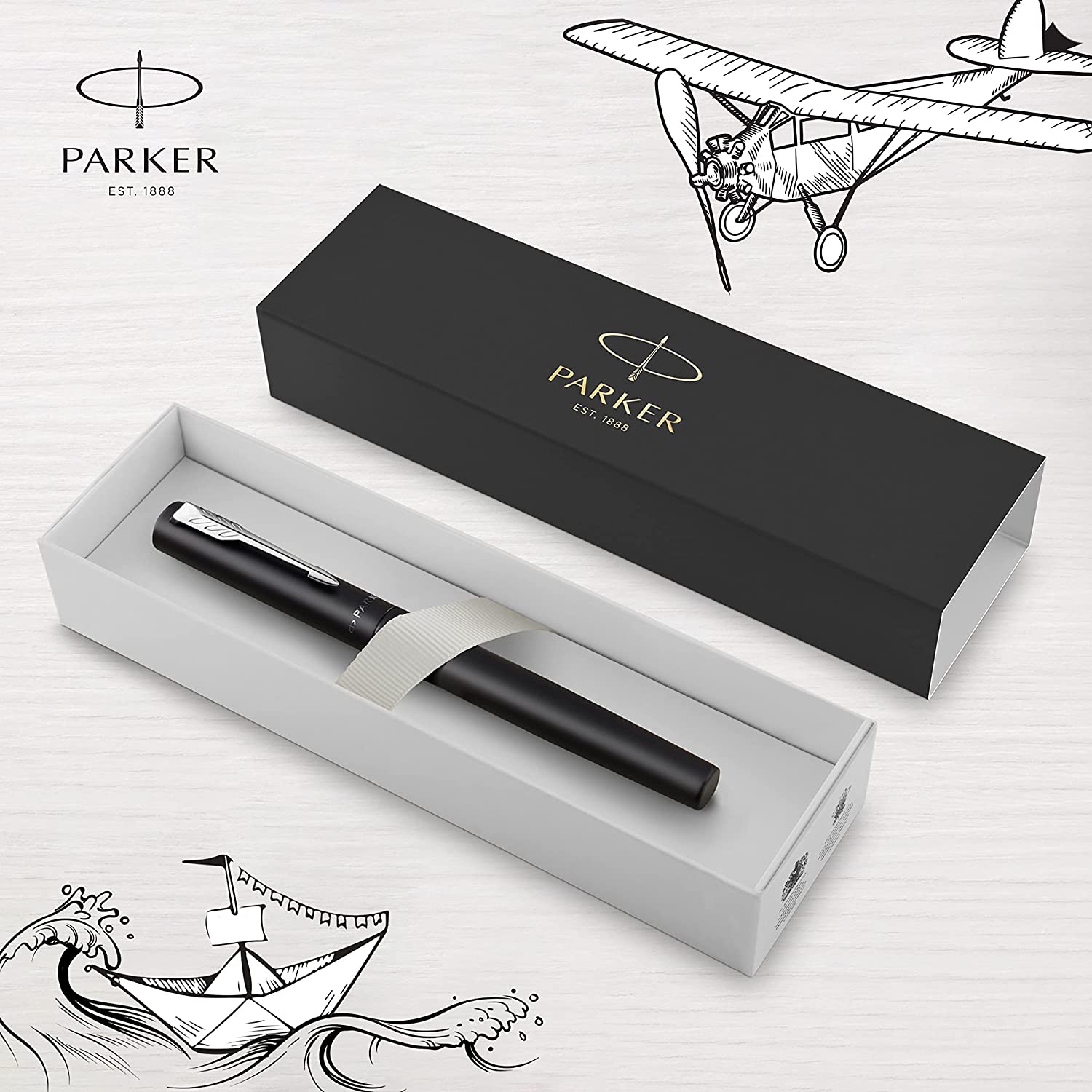 Pluma estilográfica Parker Vector XL Lacado Negro Metálico Punta Fina con Recambio de Tinta Azul 