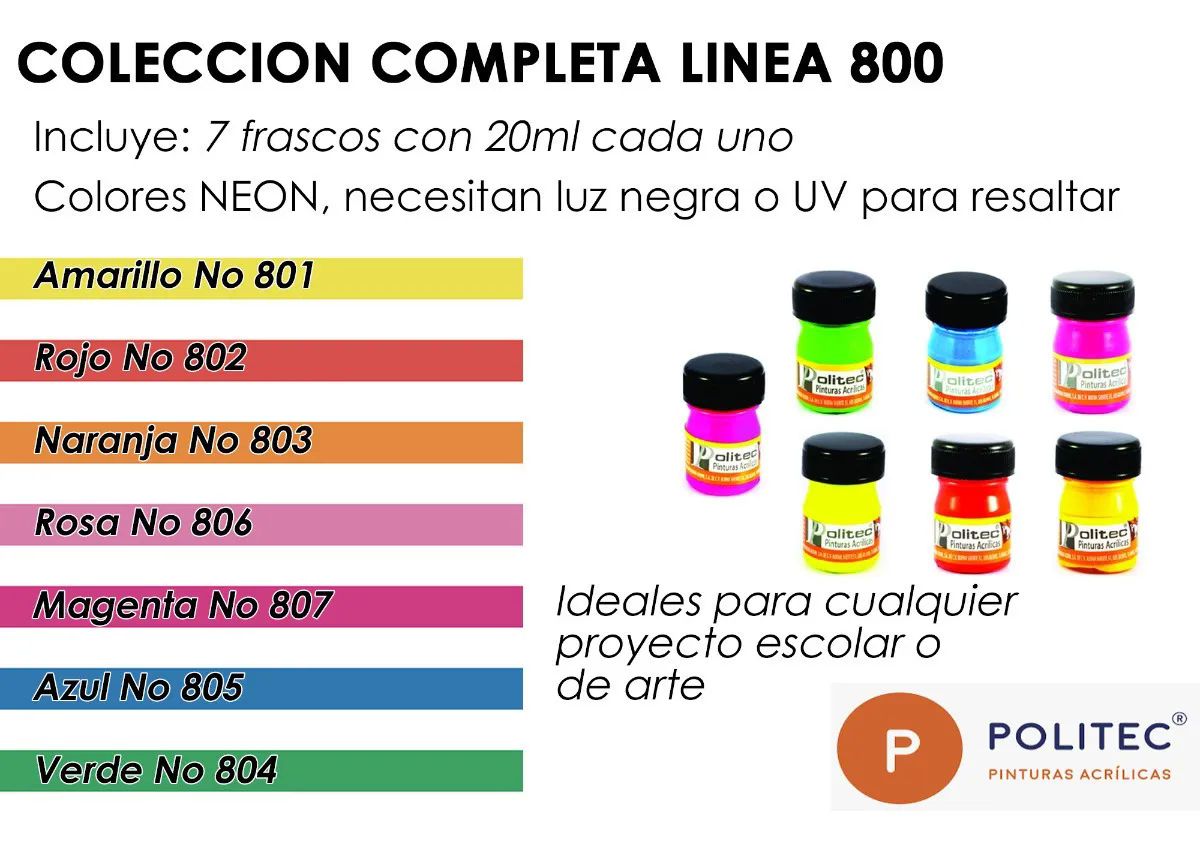 Pinturas Colores Surtido Neon Brilla Luz Uv Politec Acrilica
