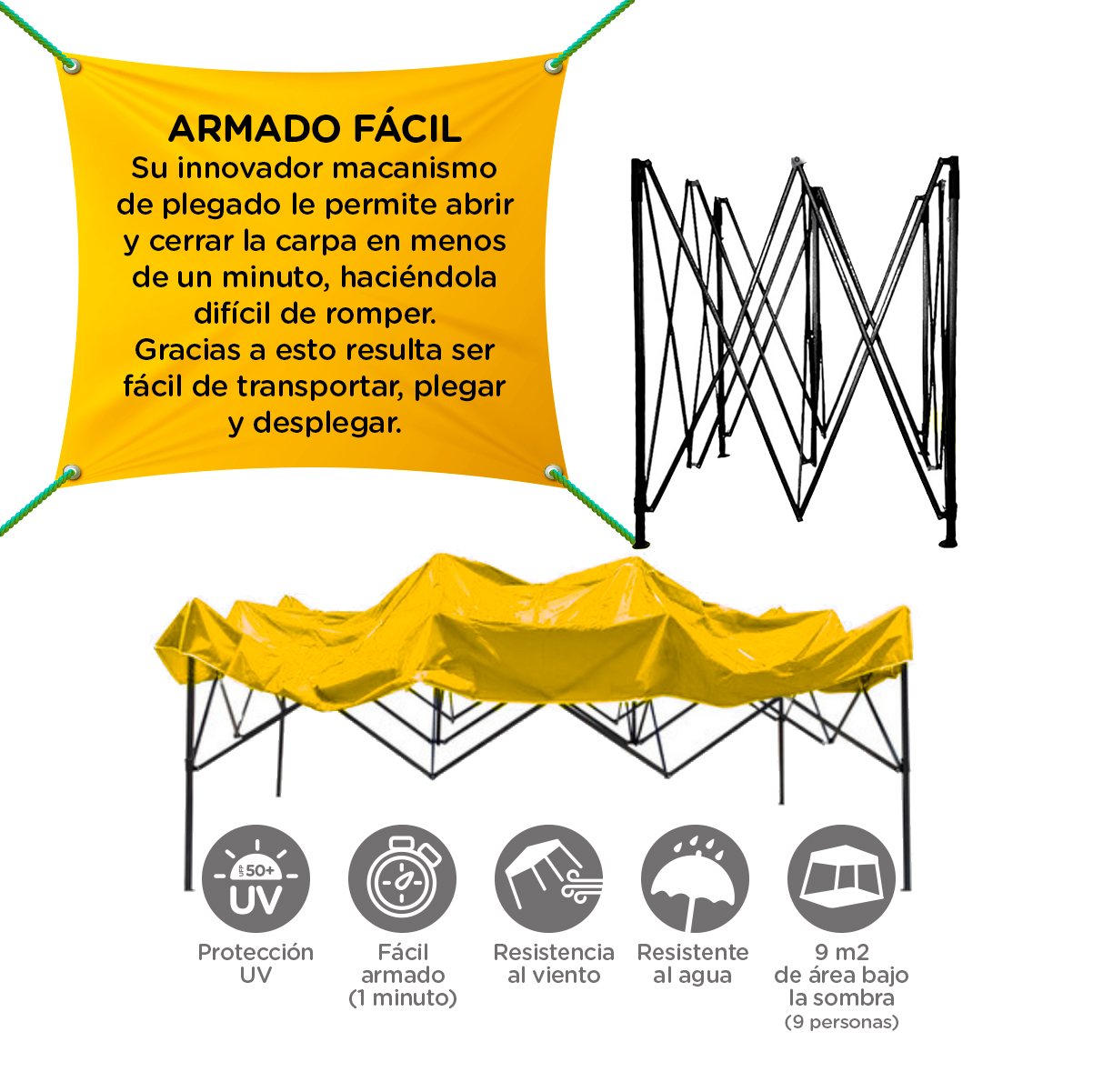 Carpa 3x3 Toldo Marca Gome Amarilla Plegable Reforzado Impermeable  Jardin Exterior