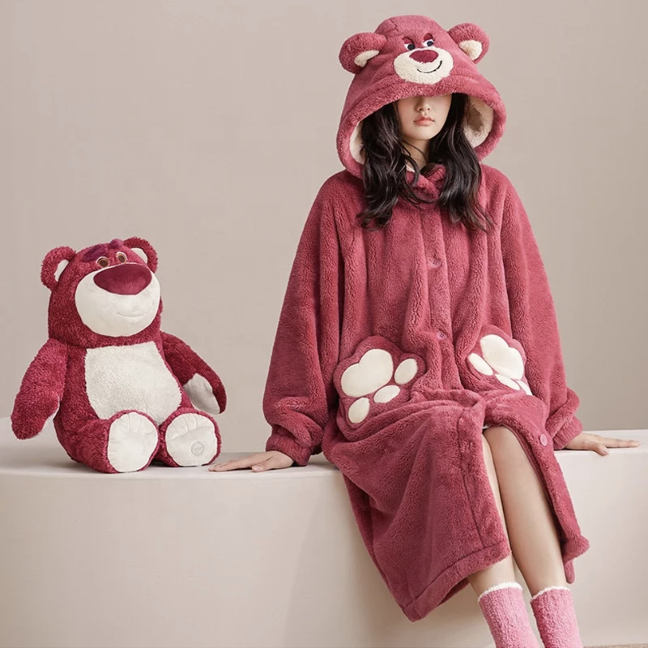 Bata De Baño Larga De Felpa Para Mujer, Suave, Con Botones, De Forro Polar Calida Para Invierno Con Bolsillos