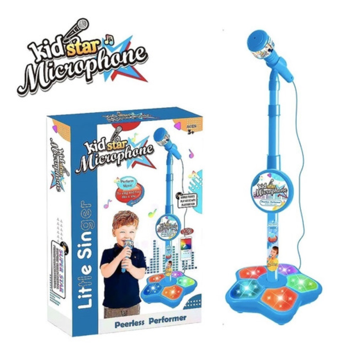 Micrófono Juguete Con Base Bocina Luces y Karaoke Azul 