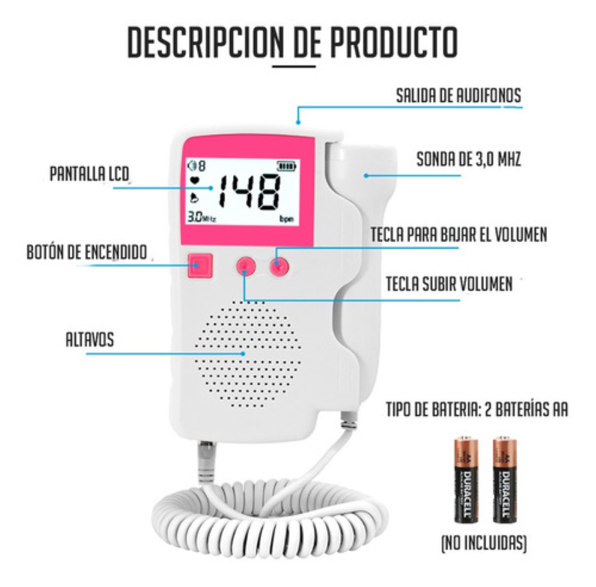 Doppler Fetal Ultrasonido Portátil Blanco con Rosa