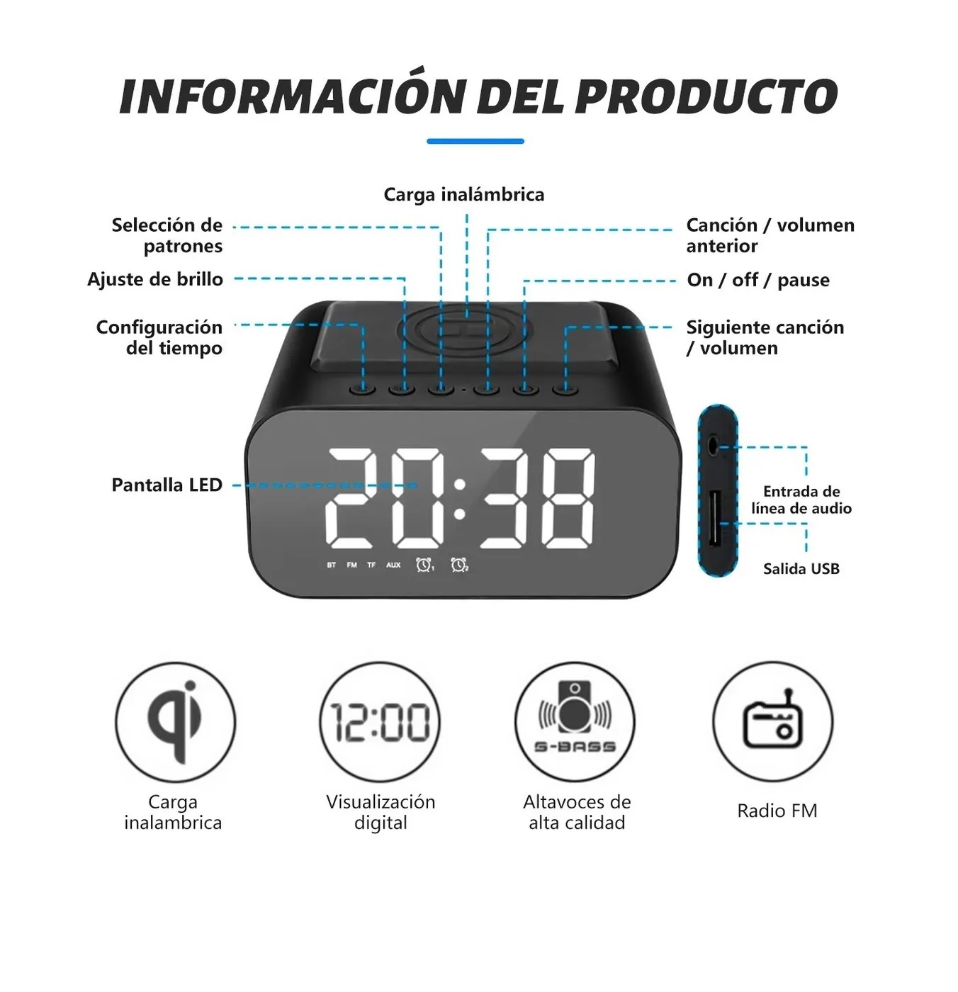 Reloj Despertador Digital Led Con Bocina Bluetooth Y Radio