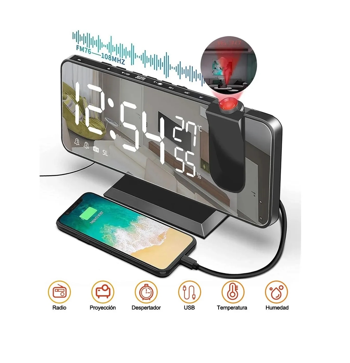 Reloj Despertador Digital De Proyección Para Led Radio