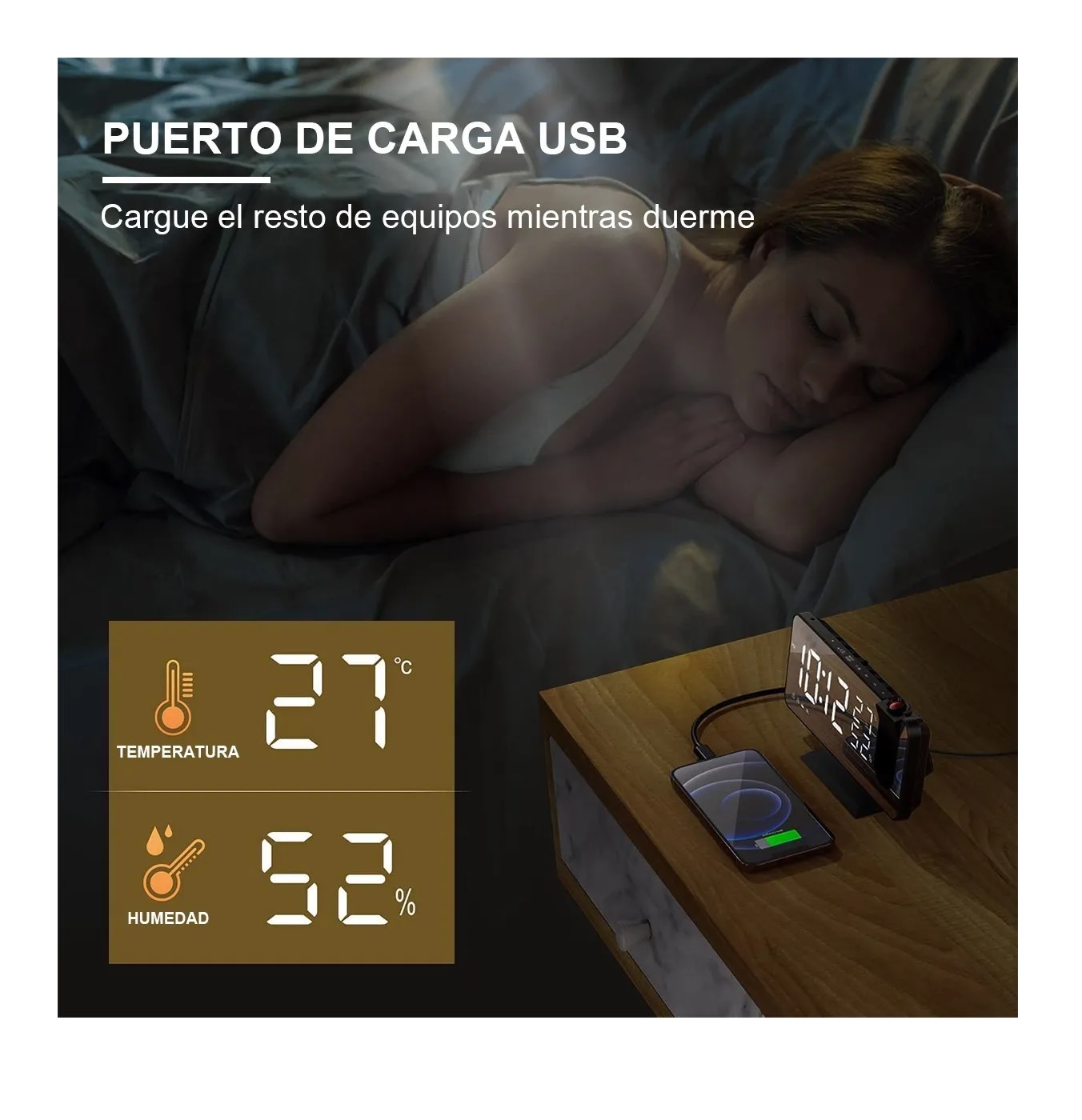 (Azul + Blanco) Reloj despertador de proyección para dormitorio, proyección  de reloj digital LED en pared de techo con carga de teléfono USB, batería