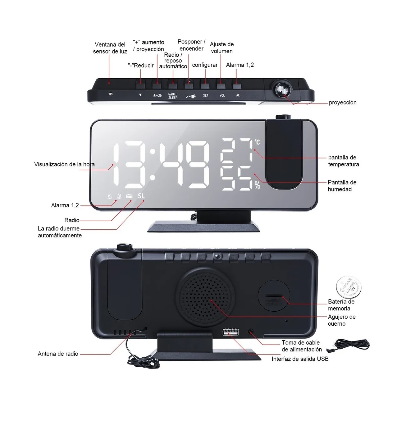 Reloj Despertador Digital De Proyección Para Led Radio