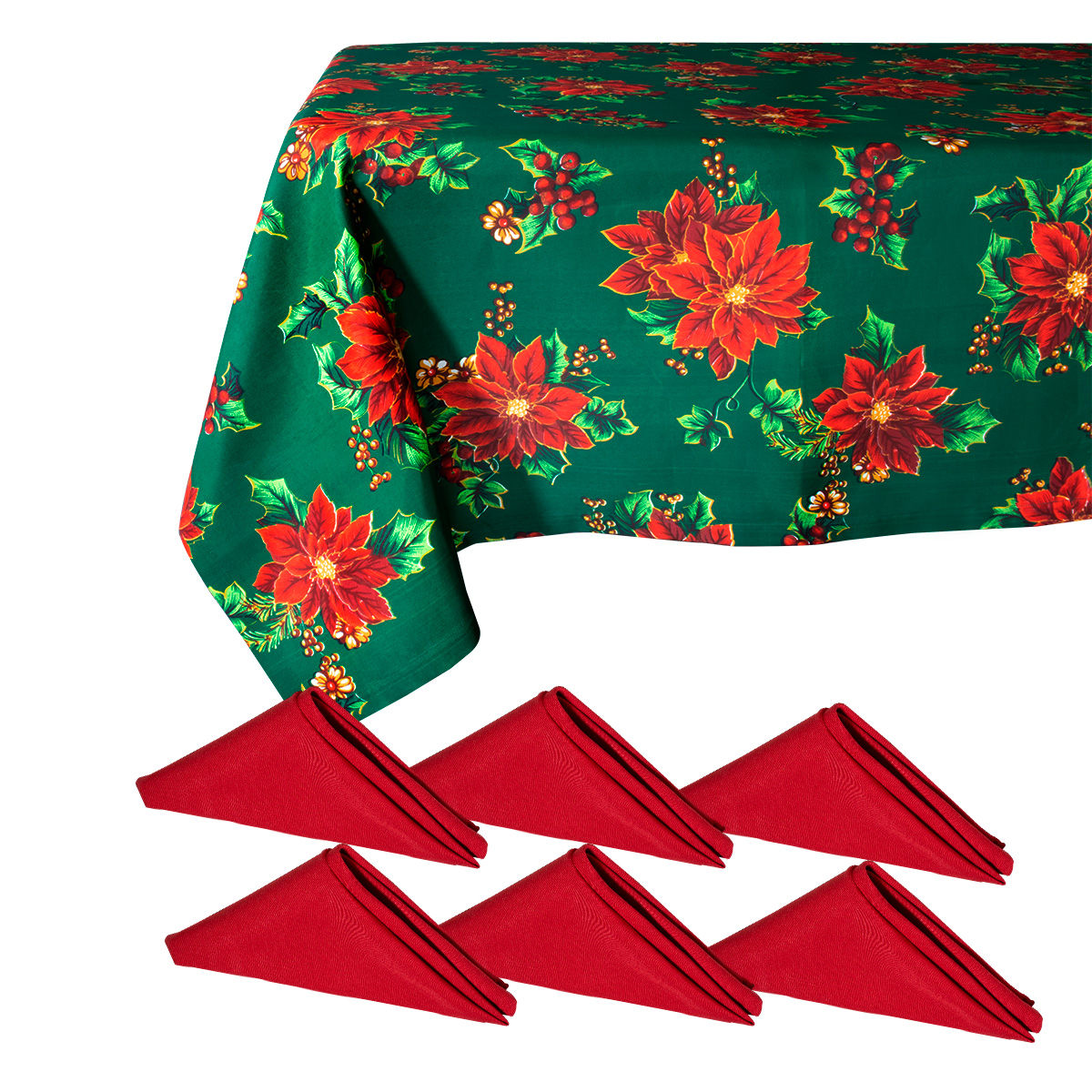 Decoración Navidad, Set Mantel rectangular para mesa, verde/nochebuenas, 260 cm largo + 6 servilletas de tela, Adorno Navideño