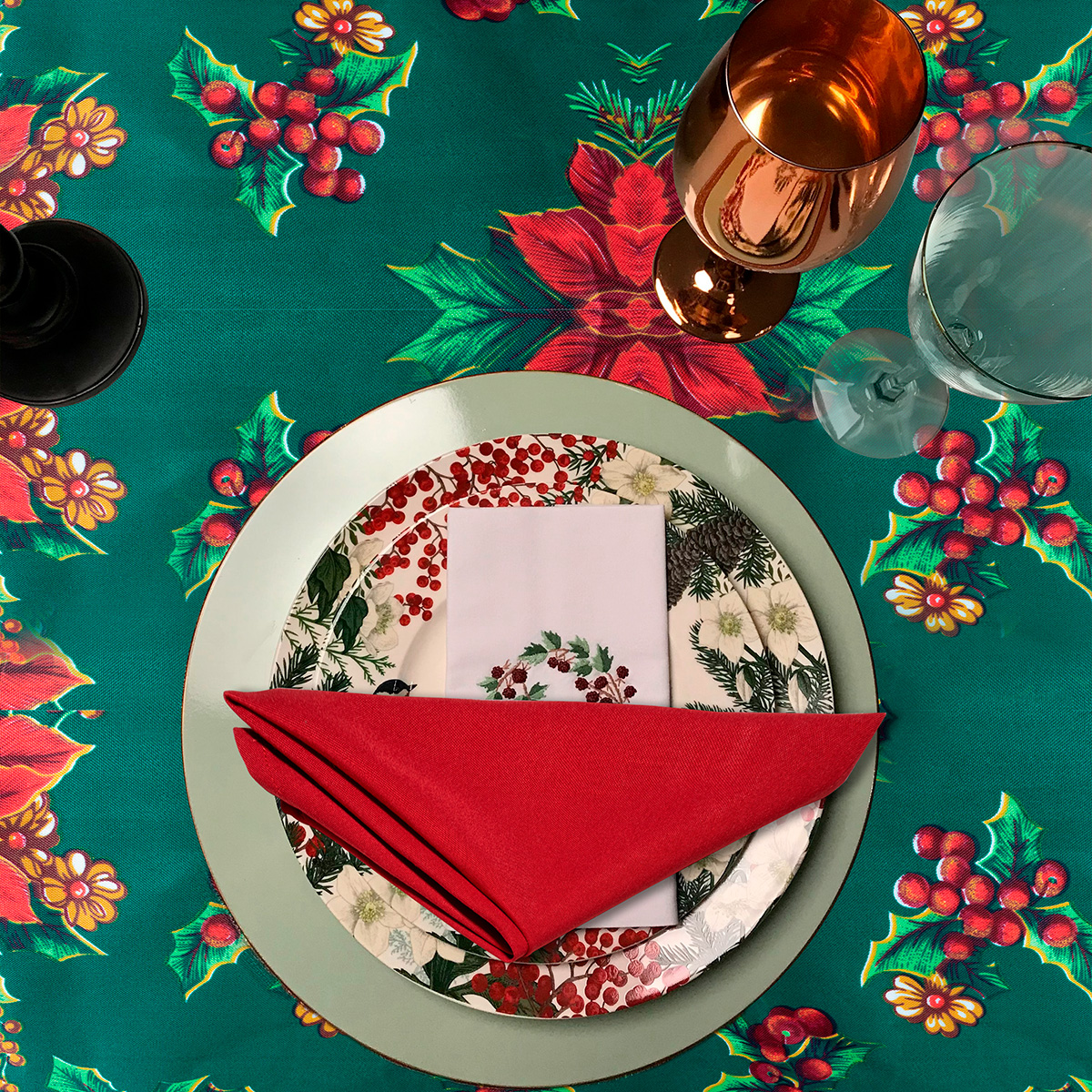 Decoración Navidad, Set Mantel rectangular para mesa, verde/nochebuenas, 260 cm largo + 6 servilletas de tela, Adorno Navideño