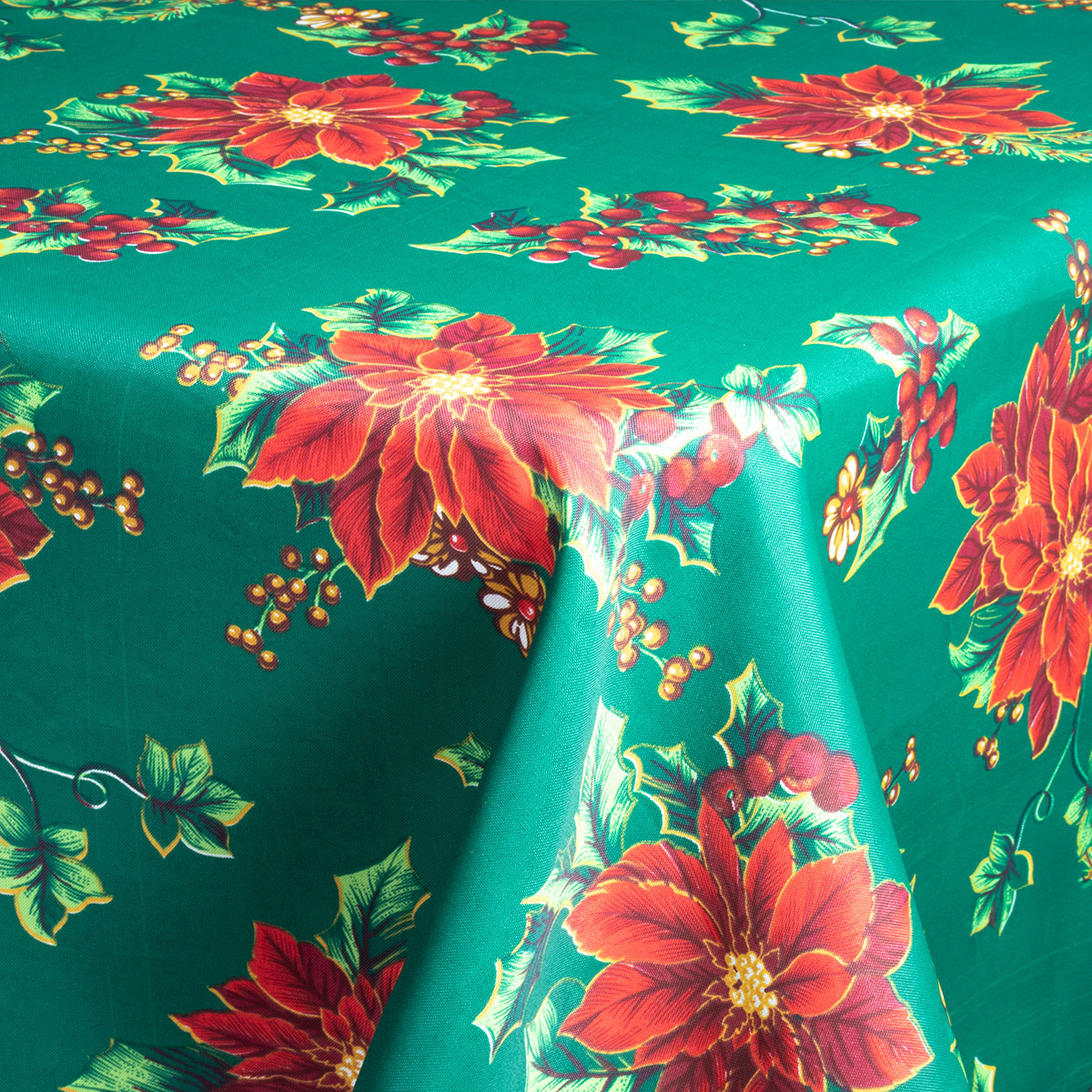 Decoración Navidad, Set Mantel rectangular para mesa, verde/nochebuenas, 260 cm largo + 6 servilletas de tela, Adorno Navideño