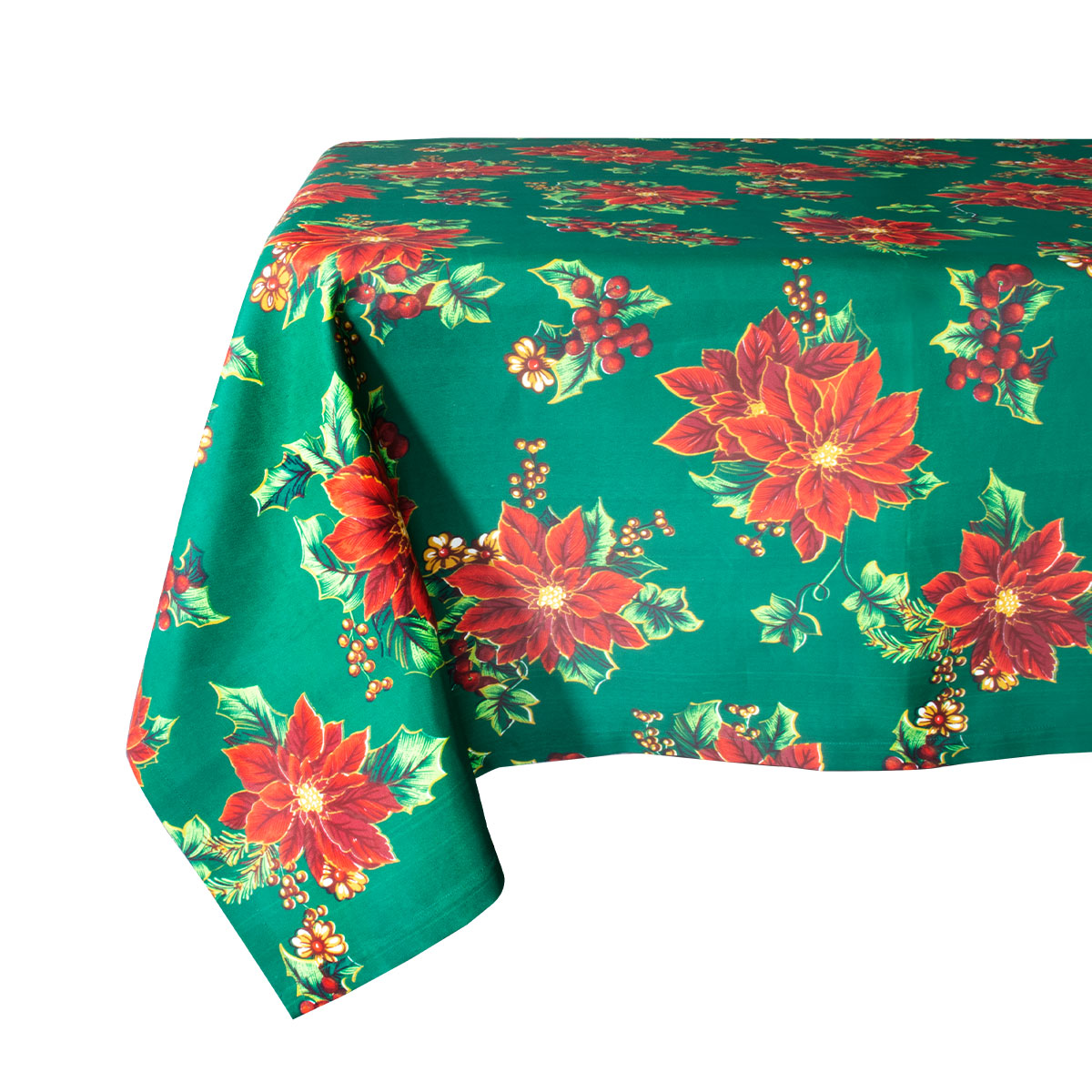 Decoración Navidad, Set Mantel rectangular para mesa, verde/nochebuenas, 260 cm largo + 6 servilletas de tela, Adorno Navideño