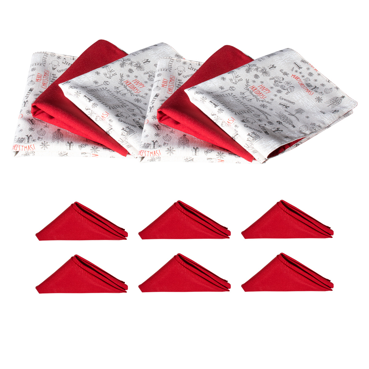 Decoración Navidad, Set Mantel rectangular para mesa, Blanco/plata, Algodón, 270 cm + 6 manteles individuales doble cara + 6 servilletas de tela, Adorno Navideño