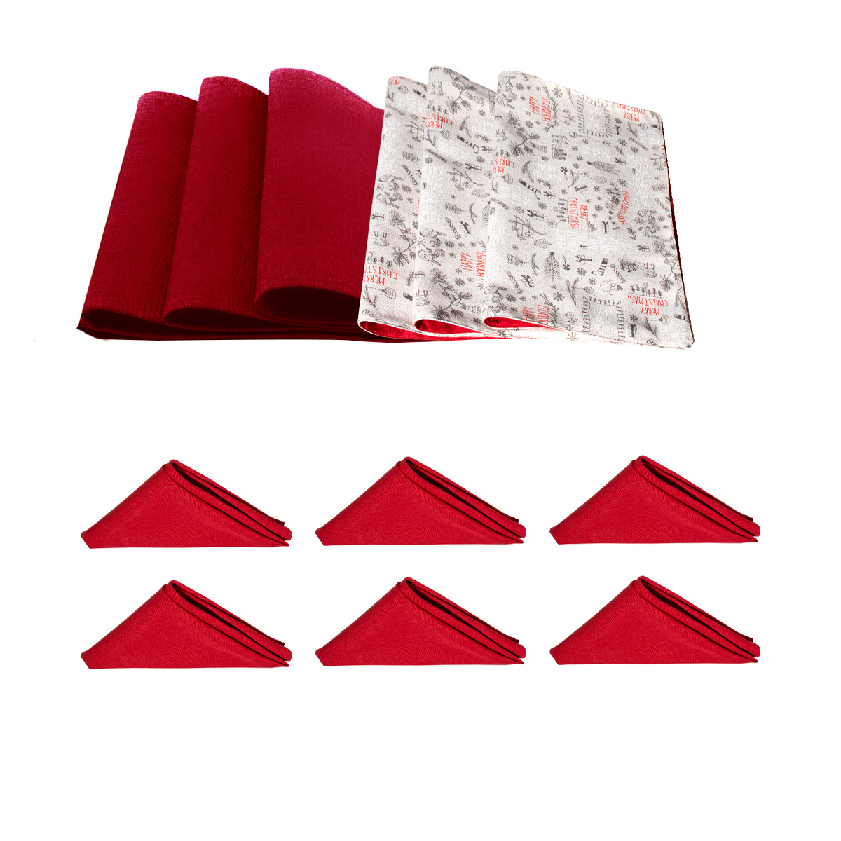 Decoración Navidad, Set Mantel rectangular para mesa, Blanco/plata, Algodón, 270 cm + 6 manteles individuales doble cara + 6 servilletas de tela, Adorno Navideño