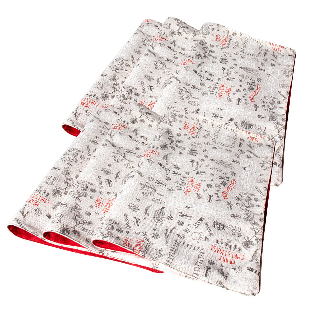 Decoración Navidad, Set Mantel rectangular para mesa, Blanco/plata, Algodón, 270 cm + 6 manteles individuales doble cara + 6 servilletas de tela, Adorno Navideño