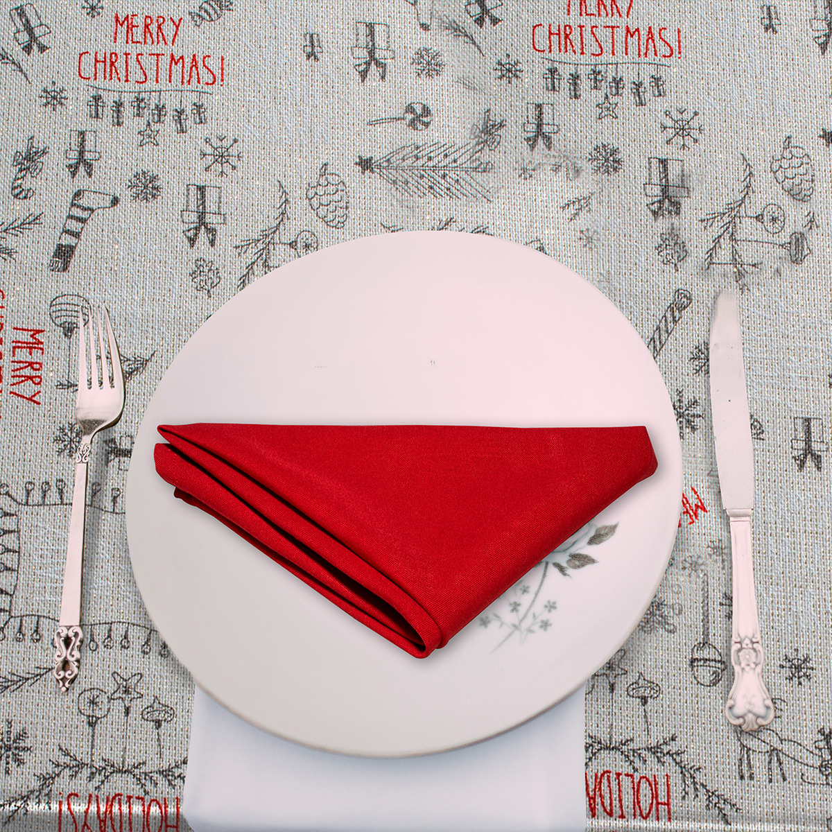 Decoración Navidad, Set Mantel rectangular para mesa, Blanco/plata, Algodón, 270 cm + 6 manteles individuales doble cara + 6 servilletas de tela, Adorno Navideño