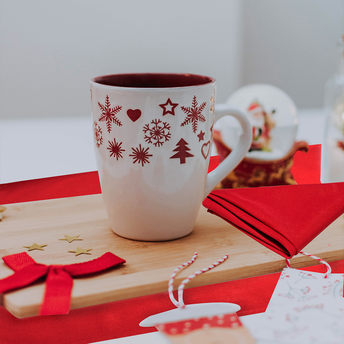 Decoración Navidad, Set Mantel rectangular para mesa, Blanco/plata, Algodón, 270 cm + 6 manteles individuales doble cara + 6 servilletas de tela, Adorno Navideño