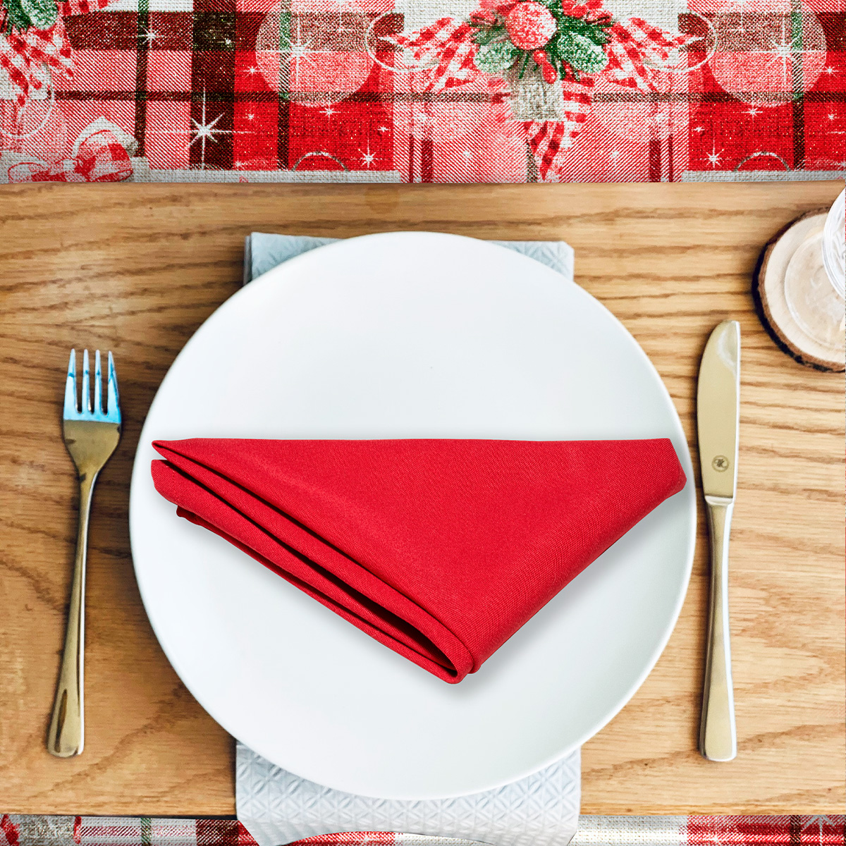 Decoración de mesa, Set Mantel de invierno rectangular para mesa, rojo/esferas, Algodón, 270 cm + 6 manteles individuales doble cara + 6 servilletas de tela, Navidad