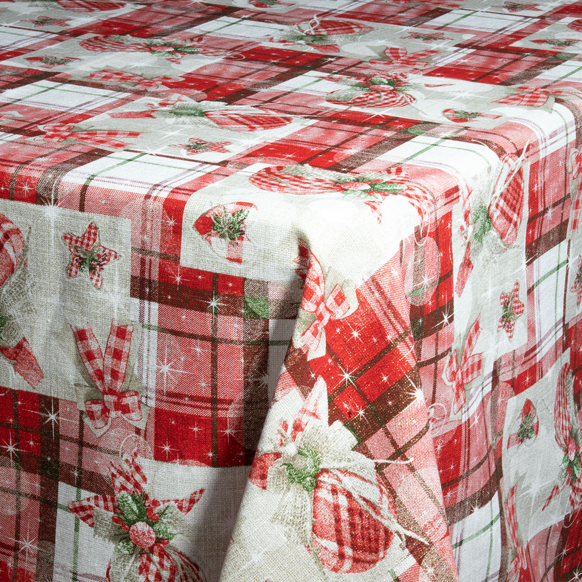 Decoración de mesa, Set Mantel de invierno rectangular para mesa, rojo/esferas, Algodón, 270 cm + 6 manteles individuales doble cara + 6 servilletas de tela, Navidad