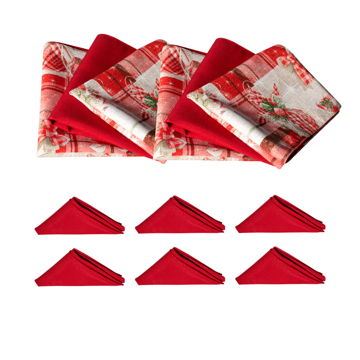 Decoración de mesa, Set Mantel de invierno rectangular para mesa, rojo/esferas, Algodón, 270 cm + 6 manteles individuales doble cara + 6 servilletas de tela, Navidad