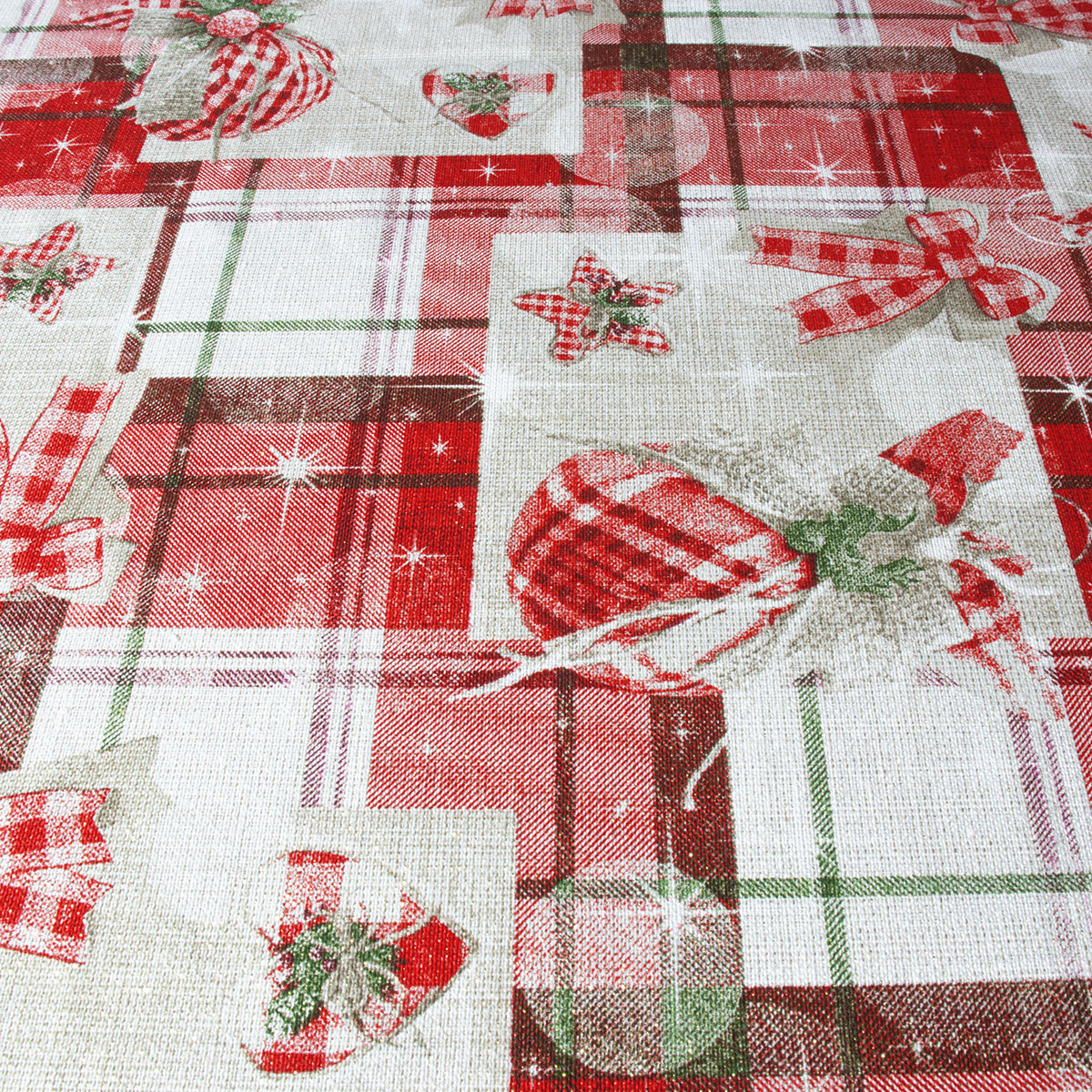 Decoración de mesa, Set Mantel de invierno rectangular para mesa, rojo/esferas, Algodón, 270 cm + 6 manteles individuales doble cara + 6 servilletas de tela, Navidad