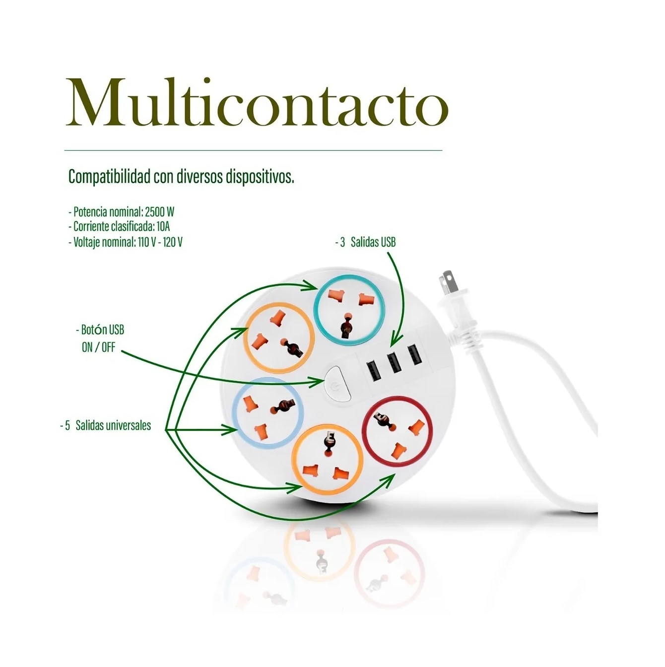 Multicontacto Circular Multiusos 5 Contactos + 3 Puertos Usb