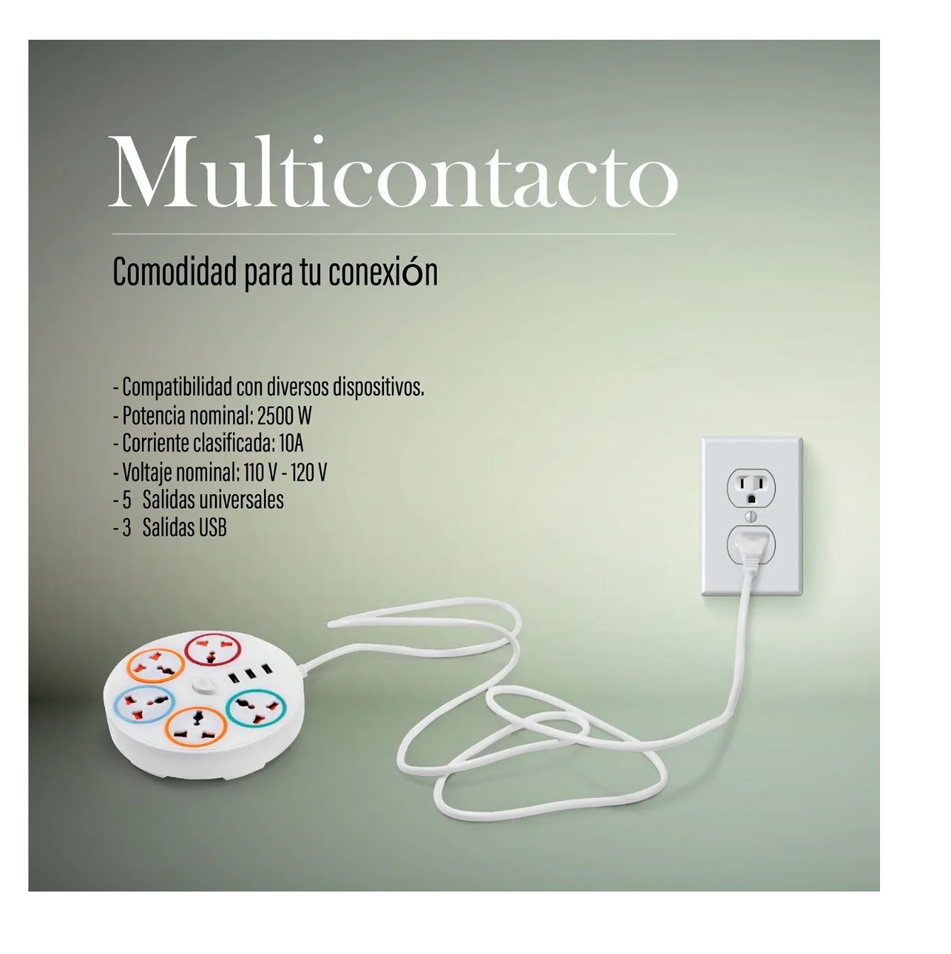 Multicontacto Circular Multiusos 5 Contactos + 3 Puertos Usb