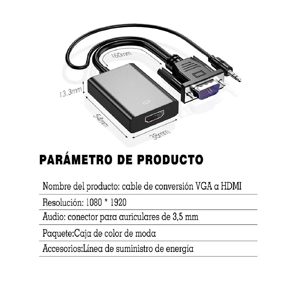 Cable  Adaptador Convertidor Video Vga Hdmi  + Audio Full Hd 1080p