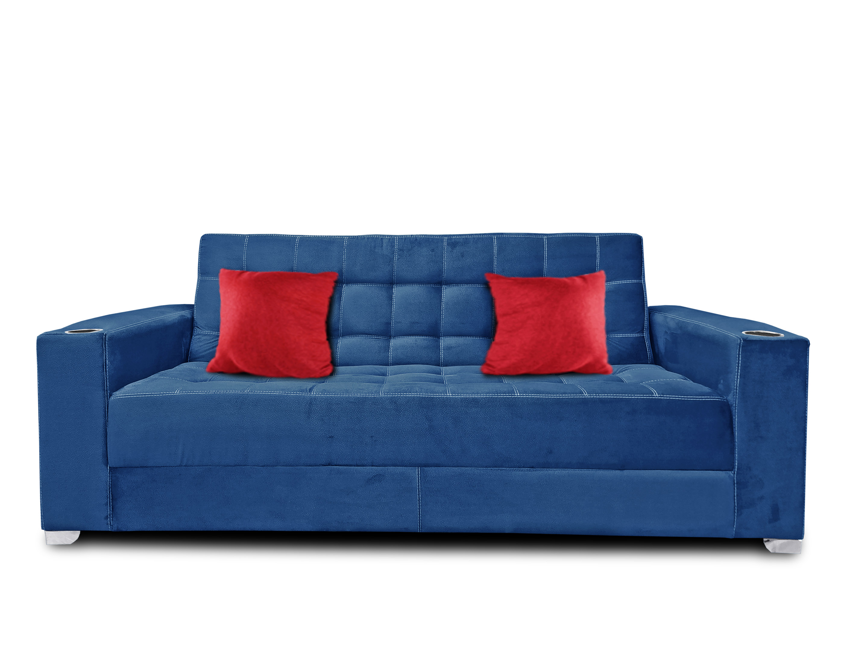 Sofa cama Jeffrey con 02 portavasos tela suave azul cojines carmin/ MADERIAN // ENTREGA EN CDMX Y ZONA METROPOLITANA