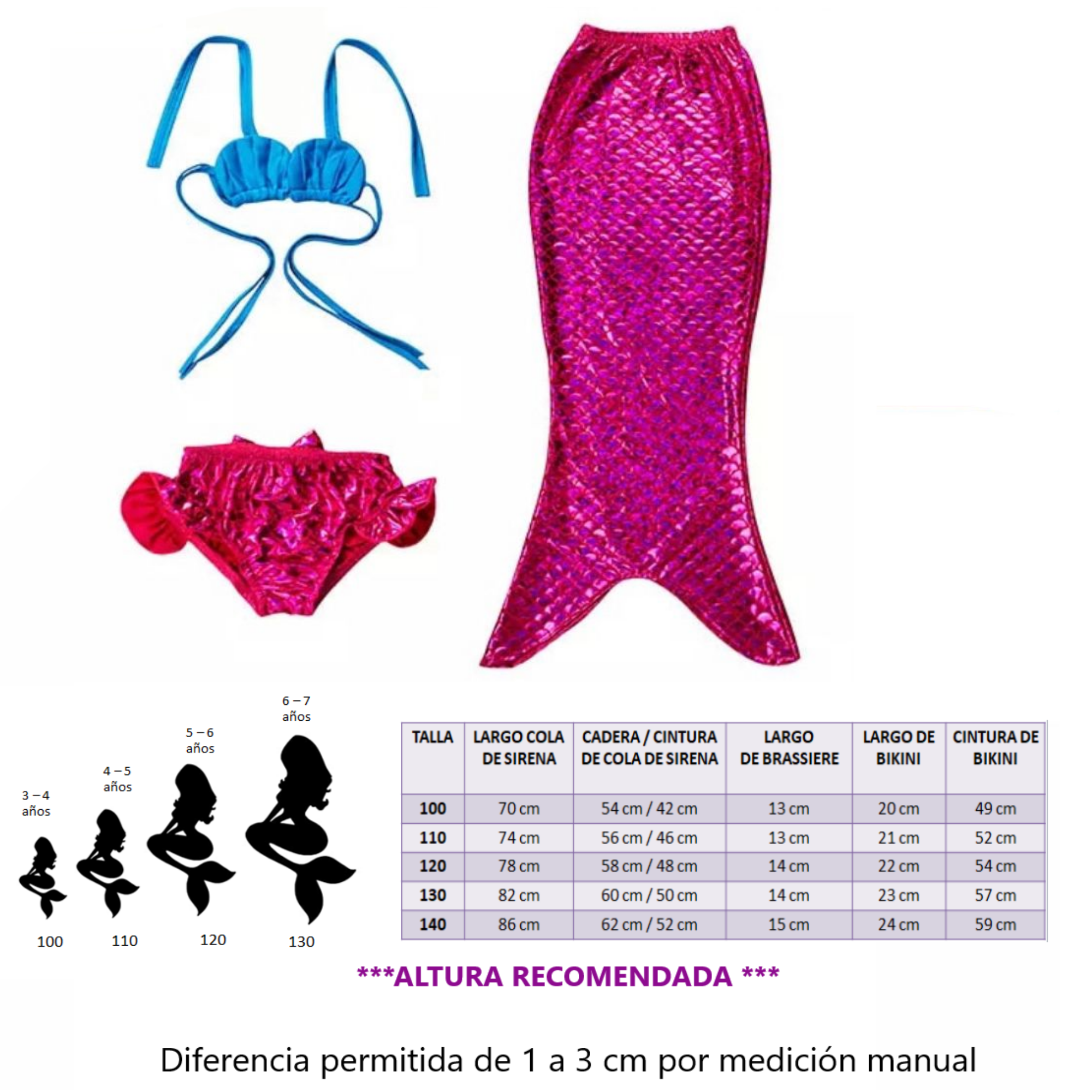 Traje De Baño Bikini  Disfraz de Sirena para Niñas 3 Piezas 