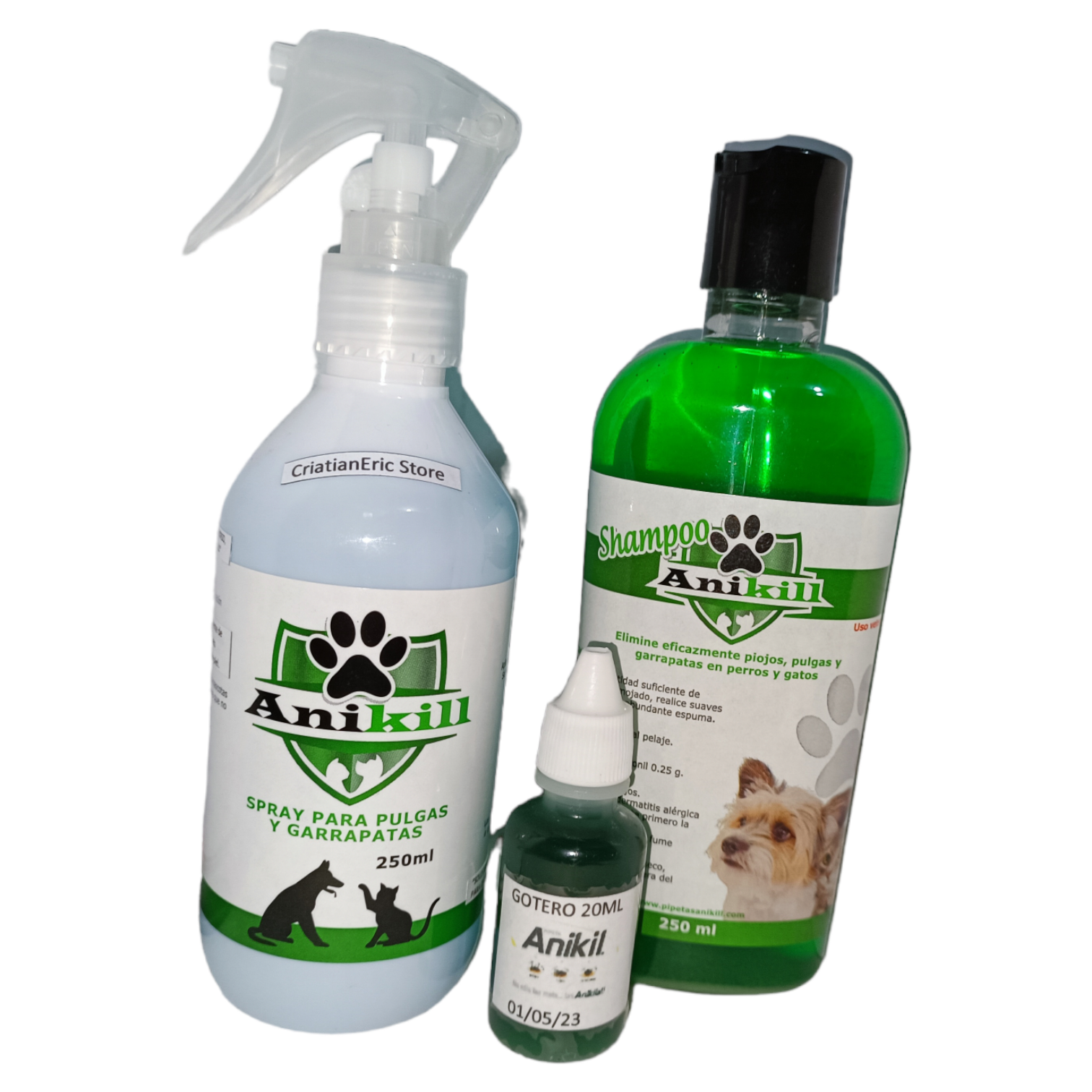 Kit Antipulgas y garrapatas Shampoo, Spray Y Gotero 20ml Anikill Perros Gatos