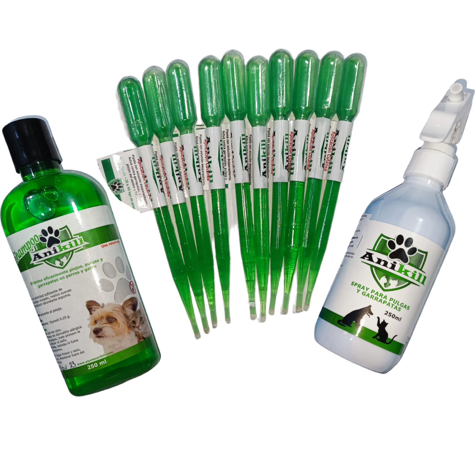 Kit Antipulgas y garrapatas Shampoo, Spray Y 10 Pipetas Verdes Anikill Perros Gatos